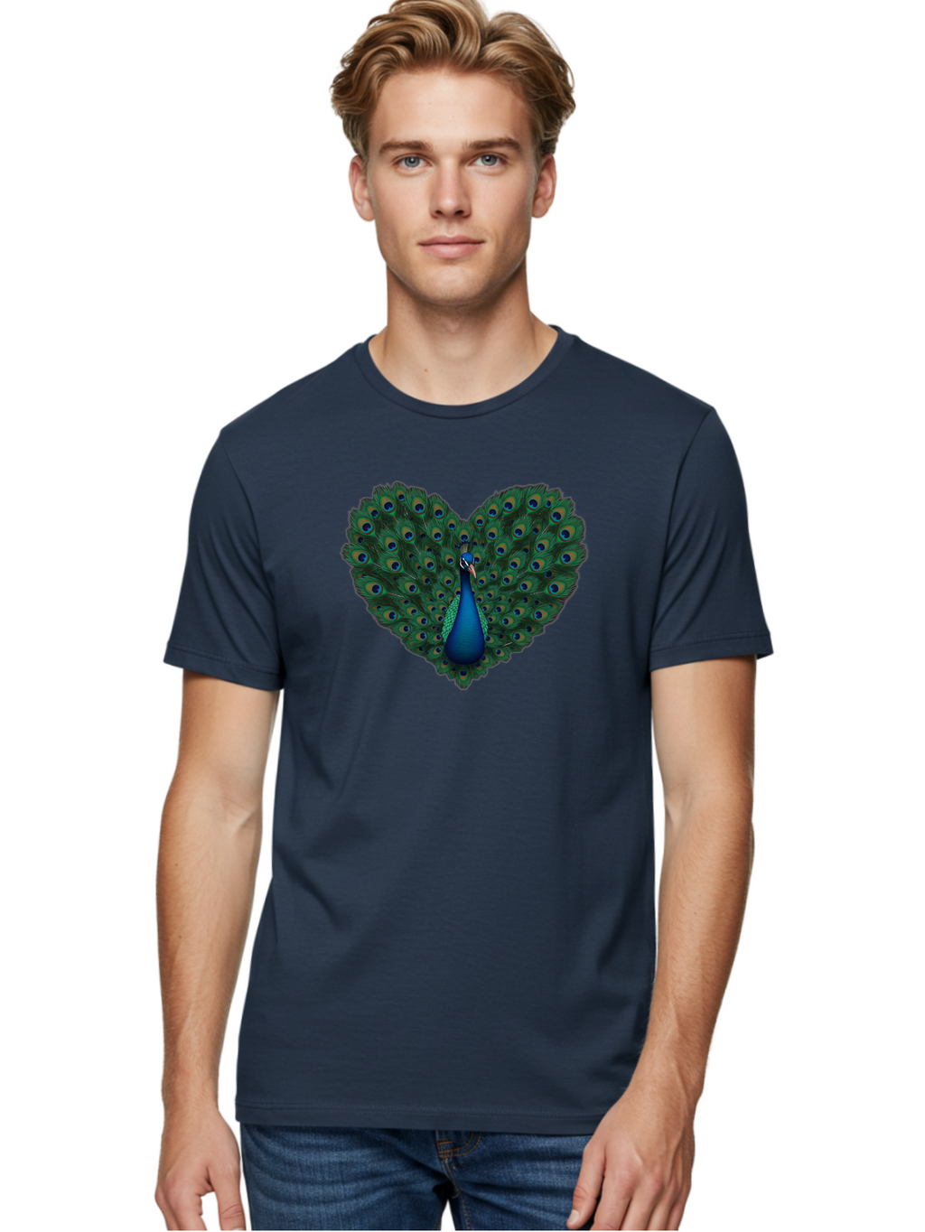 Peacock-Heart Men'S Graphic Tee, 100% Cotton, Comfortable Casual Summer Wear, Machine Washable, Peacock Spreading Its Feathers, Heart Shape, Vibrant Colors, Blue And Green Plumage, Eye-Catching Display, Majestic Bird, Symbolic Representation, Bab127