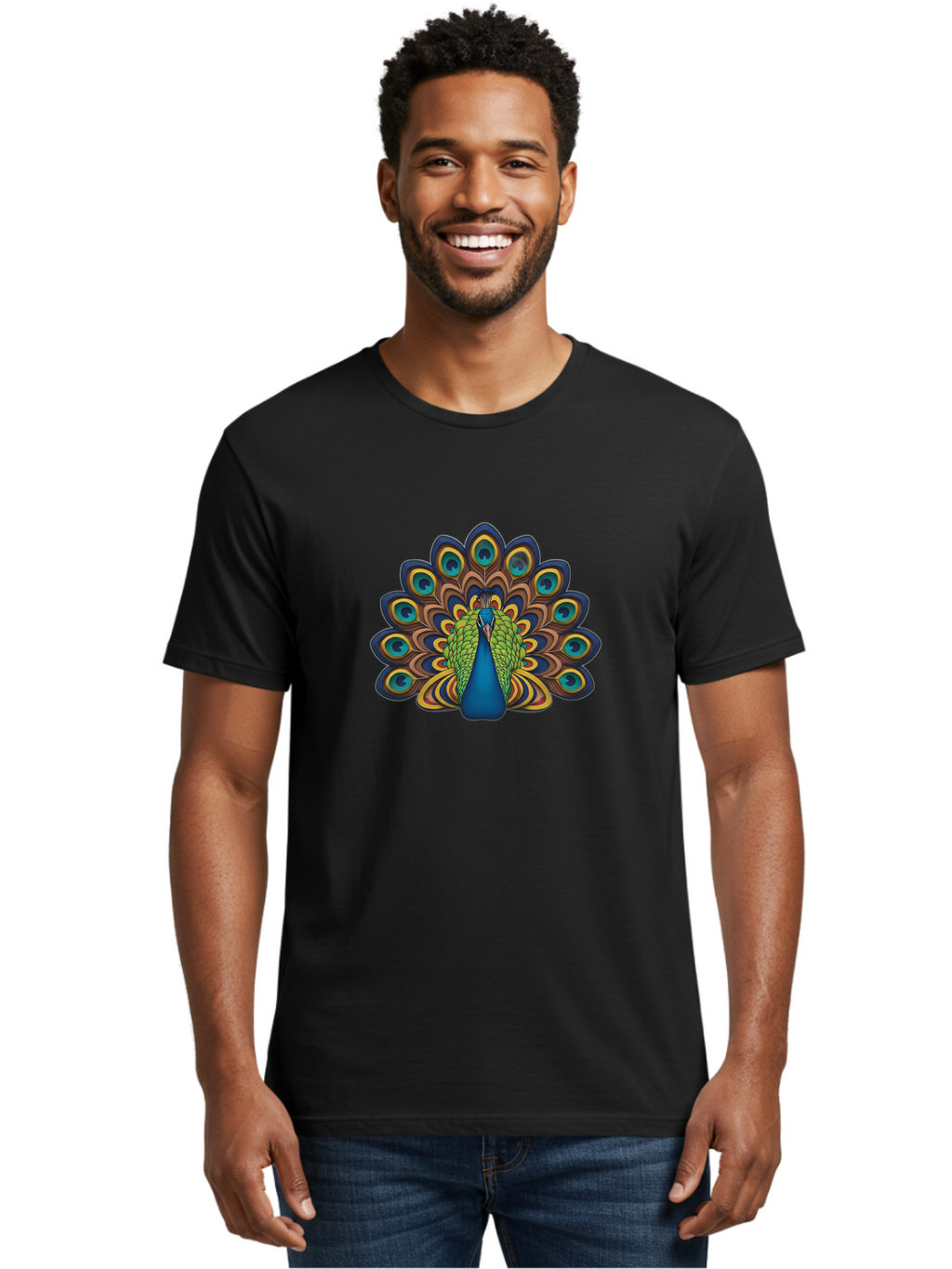 Peacock-Illustration Men'S Graphic Tee, 100% Cotton, Comfortable Casual Summer Wear, Machine Washable, Peacock With Vibrant Plumage, Colorful Feathers, Blue And Green Hues, Eye-Catching Patterns, Majestic Bird, Exotic Beauty, Ornate Tail, Bab128