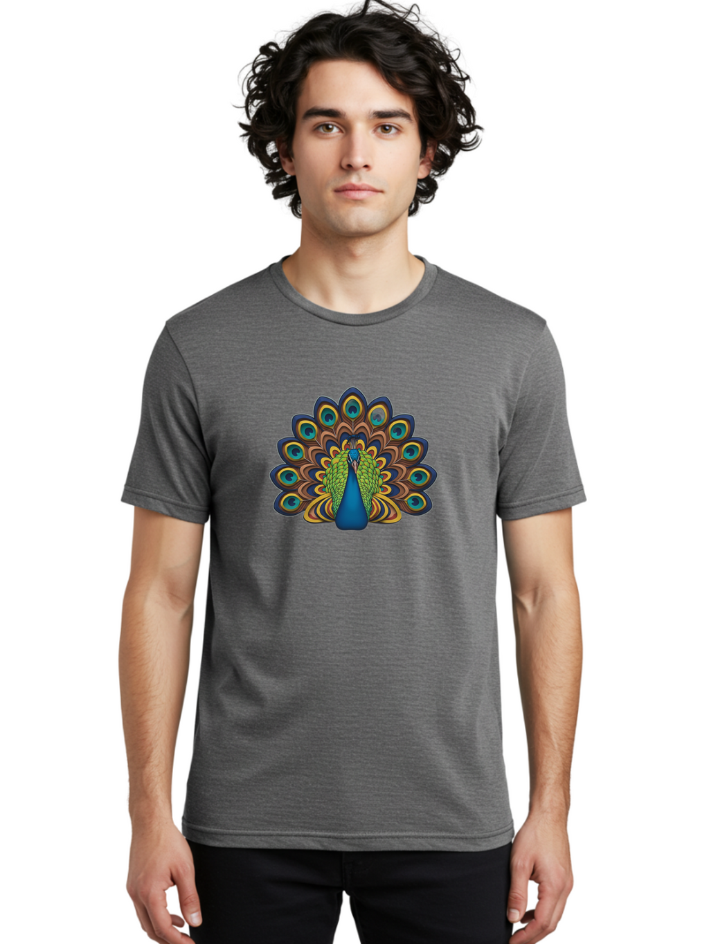 Peacock-Illustration Men'S Graphic Tee, 100% Cotton, Comfortable Casual Summer Wear, Machine Washable, Peacock With Vibrant Plumage, Colorful Feathers, Blue And Green Hues, Eye-Catching Patterns, Majestic Bird, Exotic Beauty, Ornate Tail, Bab128