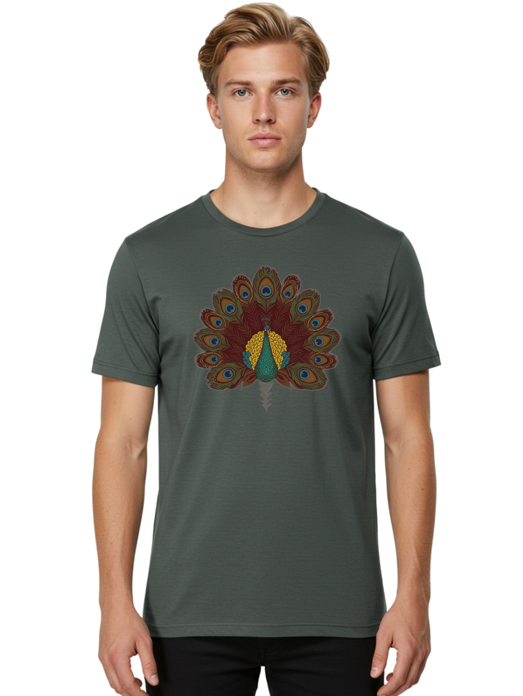 Peacock-Spreading-Tail-Feathers Men'S Graphic Tee, 100% Cotton, Comfortable Casual Summer Wear, Machine Washable, Peacock, Vibrant Plumage, Intricate Details, Mesmerizing Patterns, Ornate Feathers, Regal Bird, Stunning Display, Bab129