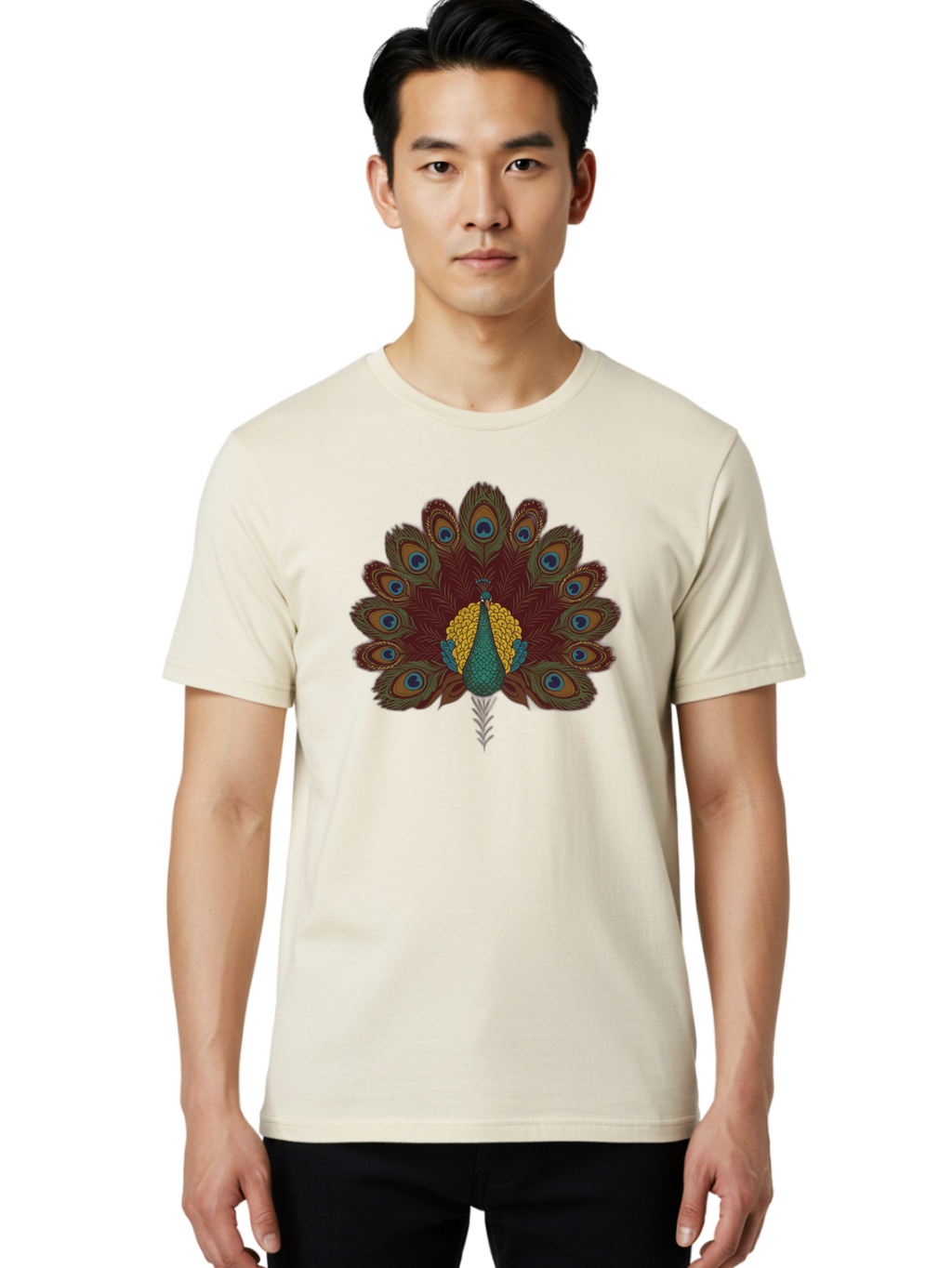 Peacock-Spreading-Tail-Feathers Men'S Graphic Tee, 100% Cotton, Comfortable Casual Summer Wear, Machine Washable, Peacock, Vibrant Plumage, Intricate Details, Mesmerizing Patterns, Ornate Feathers, Regal Bird, Stunning Display, Bab129