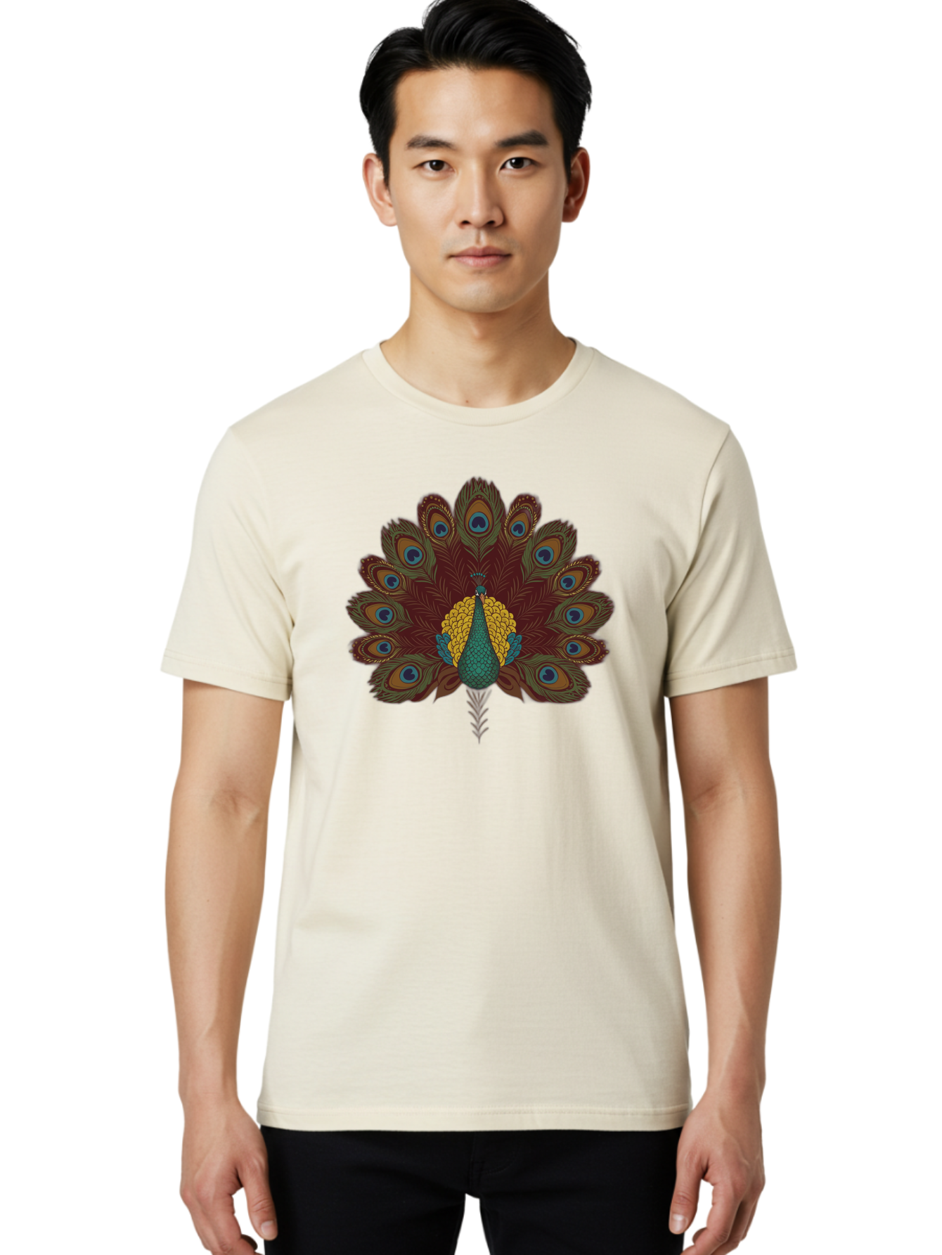 Peacock-Spreading-Tail-Feathers Men'S Graphic Tee, 100% Cotton, Comfortable Casual Summer Wear, Machine Washable, Peacock, Vibrant Plumage, Intricate Details, Mesmerizing Patterns, Ornate Feathers, Regal Bird, Stunning Display, Bab129