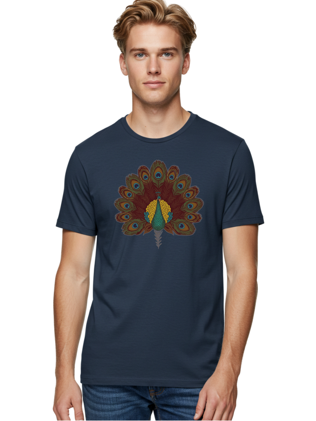 Peacock-Spreading-Tail-Feathers Men'S Graphic Tee, 100% Cotton, Comfortable Casual Summer Wear, Machine Washable, Peacock, Vibrant Plumage, Intricate Details, Mesmerizing Patterns, Ornate Feathers, Regal Bird, Stunning Display, Bab129