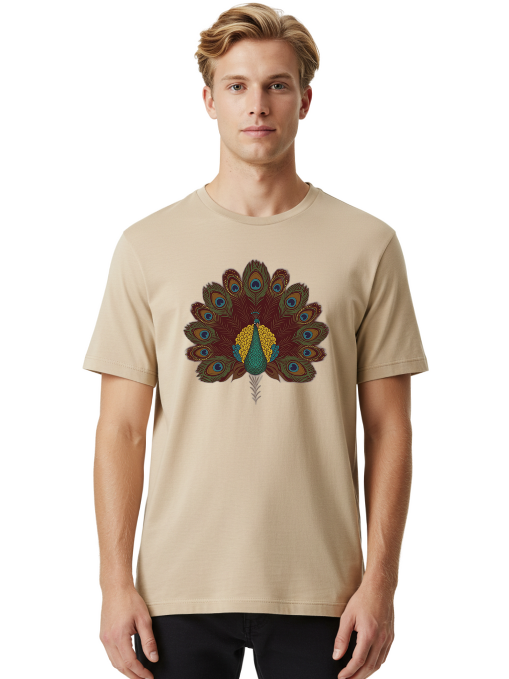 Peacock-Spreading-Tail-Feathers Men'S Graphic Tee, 100% Cotton, Comfortable Casual Summer Wear, Machine Washable, Peacock, Vibrant Plumage, Intricate Details, Mesmerizing Patterns, Ornate Feathers, Regal Bird, Stunning Display, Bab129