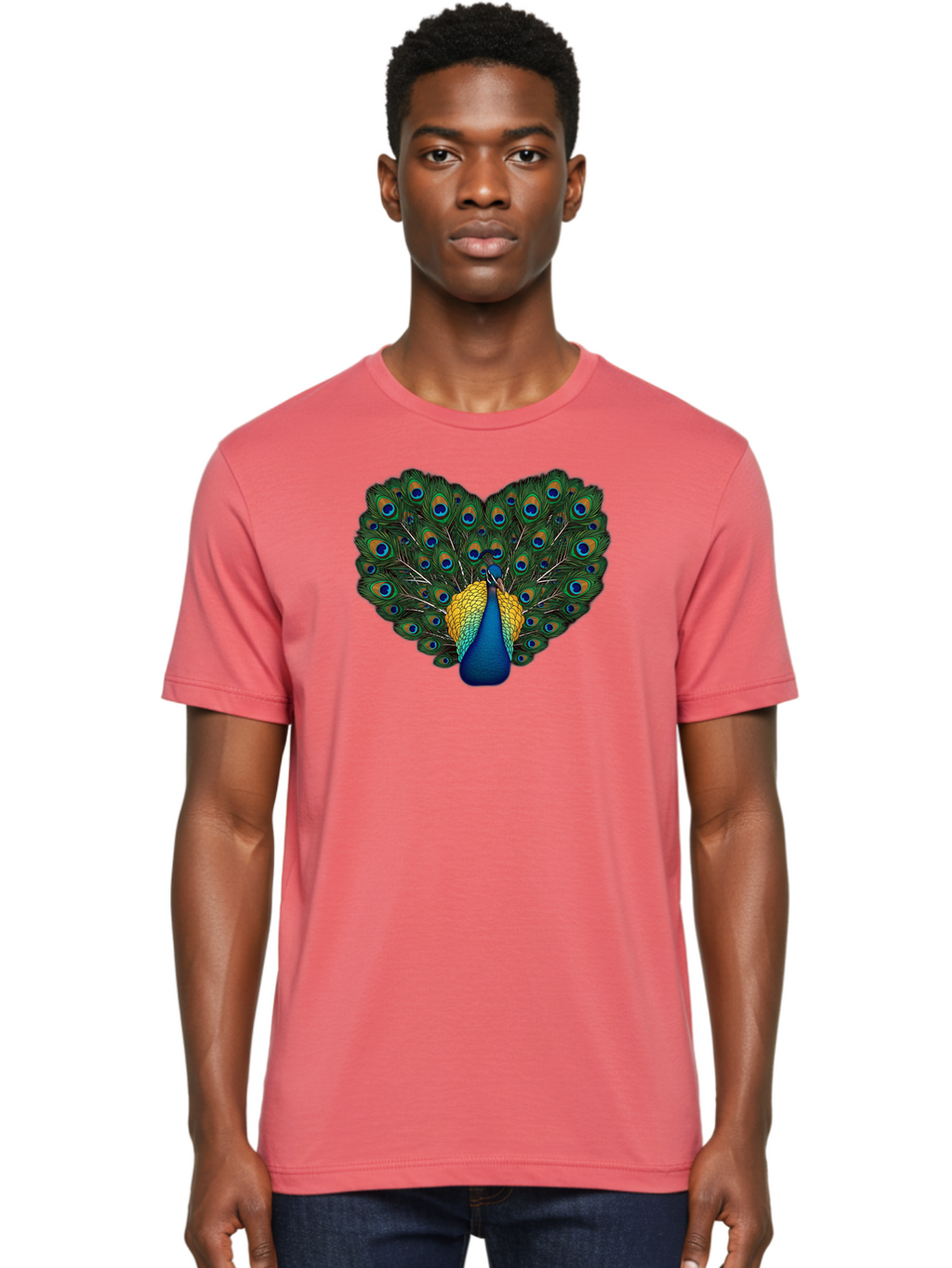 Peacock-Spreads-Tail Men'S Graphic Tee, 100% Cotton, Comfortable Casual Summer Wear, Machine Washable, Peacock Spreads Tail, Vibrant Feathers, Colorful Plumage, Blue And Gold, Eye-Catching Display, Majestic Bird, Ornate Patterns Bab130