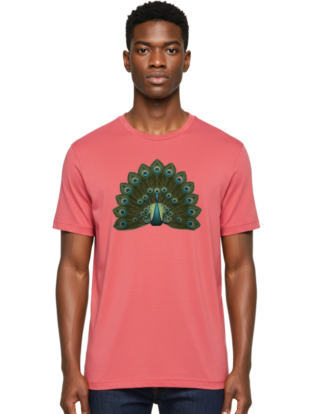 Peacock-Tail-Feathers-1 Men'S Graphic Tee, 100% Cotton, Comfortable Casual Summer Wear, Machine Washable, Peacock Feathers, Vibrant Colors, Blue And Green Hues, Eye-Catching Display, Exotic Bird, Wildlife Photography, Feathered Fan, Bab131