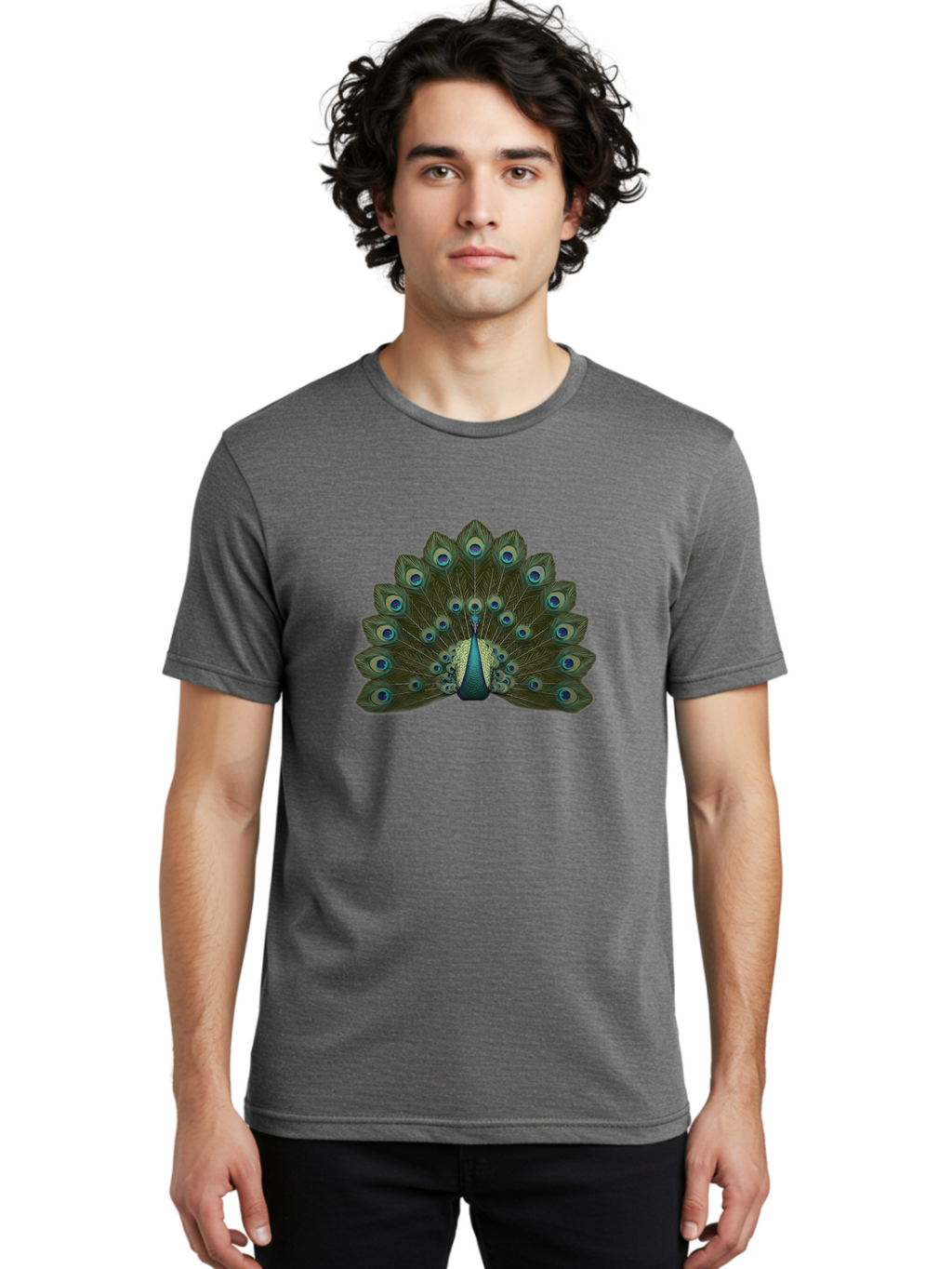 Peacock-Tail-Feathers-1 Men'S Graphic Tee, 100% Cotton, Comfortable Casual Summer Wear, Machine Washable, Peacock Feathers, Vibrant Colors, Blue And Green Hues, Eye-Catching Display, Exotic Bird, Wildlife Photography, Feathered Fan, Bab131
