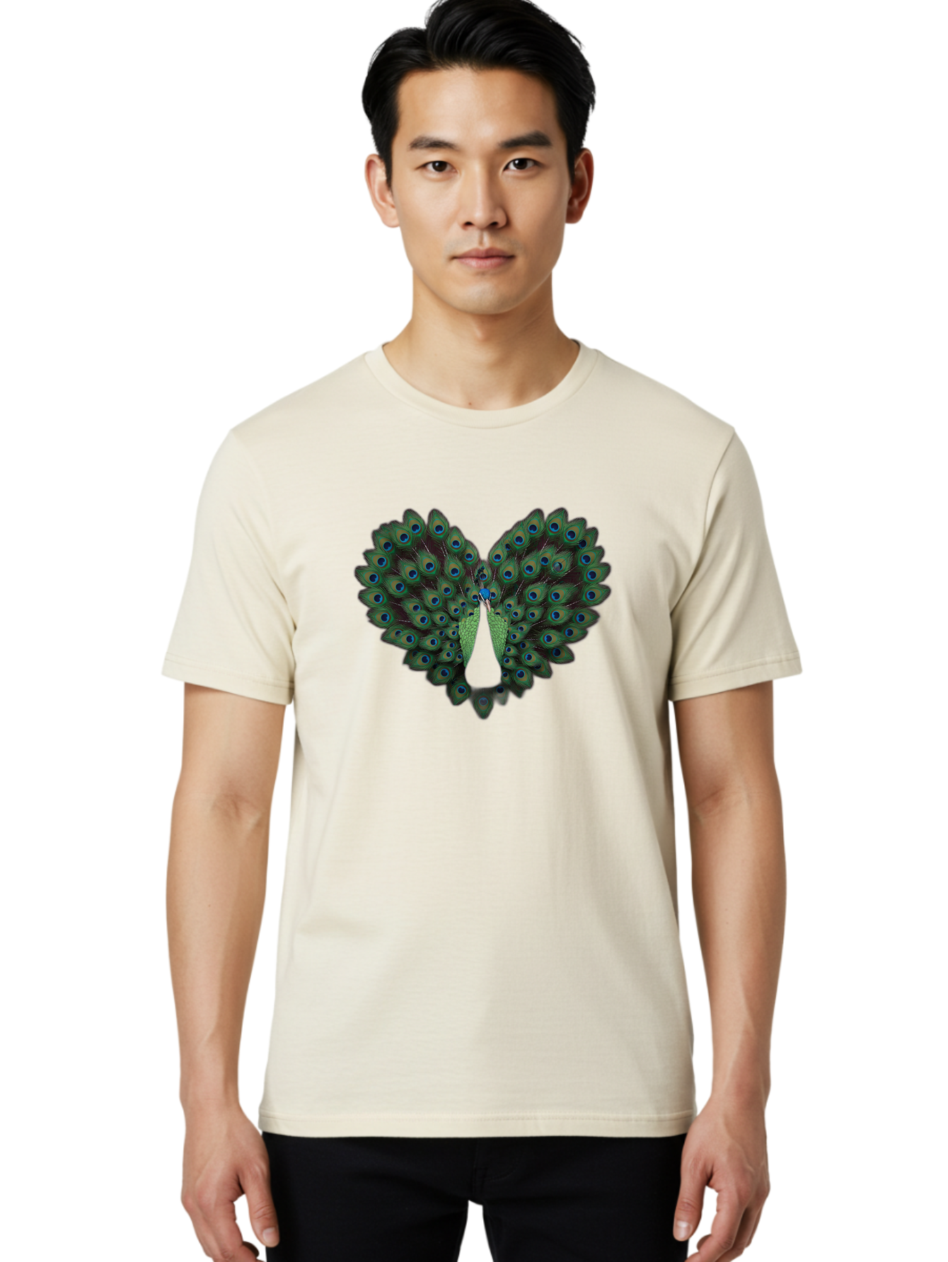 Peacock-Tail-Feathers-2 Men'S Graphic Tee, 100% Cotton, Comfortable Casual Summer Wear, Machine Washable, Peacock Tail Feathers, Vibrant Colors, Blue Eyespots, Green Plumage, Bird Display, Exotic Beauty, Wildlife Photography, Bab132