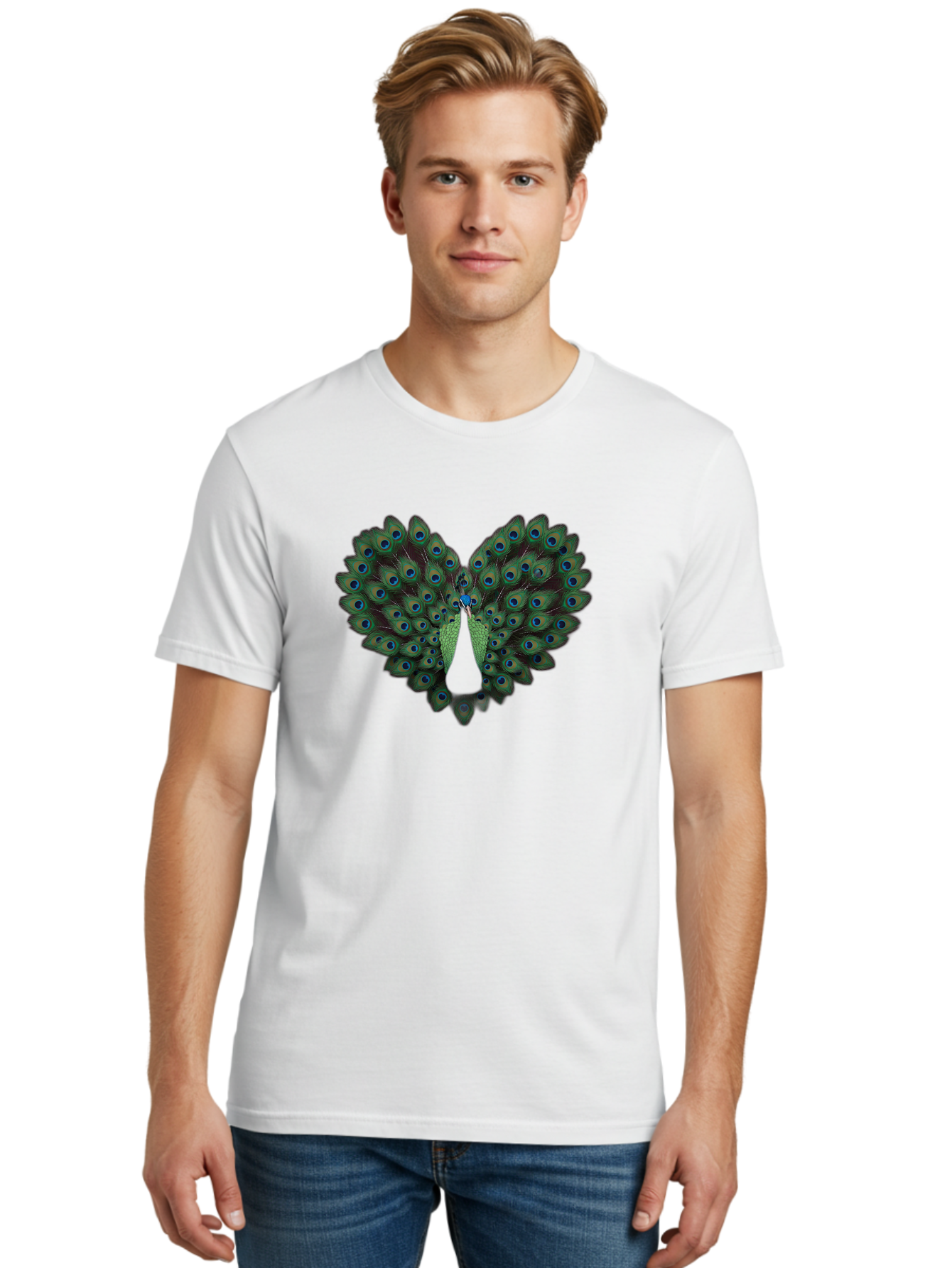 Peacock-Tail-Feathers-2 Men'S Graphic Tee, 100% Cotton, Comfortable Casual Summer Wear, Machine Washable, Peacock Tail Feathers, Vibrant Colors, Blue Eyespots, Green Plumage, Bird Display, Exotic Beauty, Wildlife Photography, Bab132