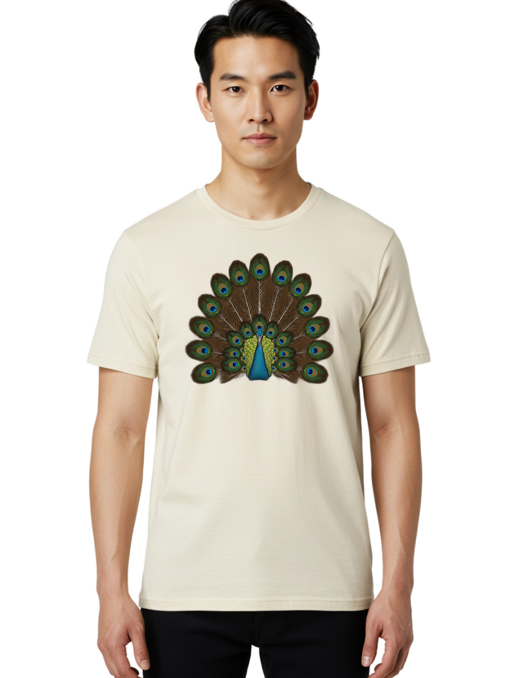 Peacock-Tail Men'S Graphic Tee, 100% Cotton, Comfortable Casual Summer Wear, Machine Washable, Peacock Feathers, Colorful Plumage, Vibrant Blues And Greens, Eye-Catching Display, Intricate Patterns, Majestic Bird, Ornate Decoration, Bab134