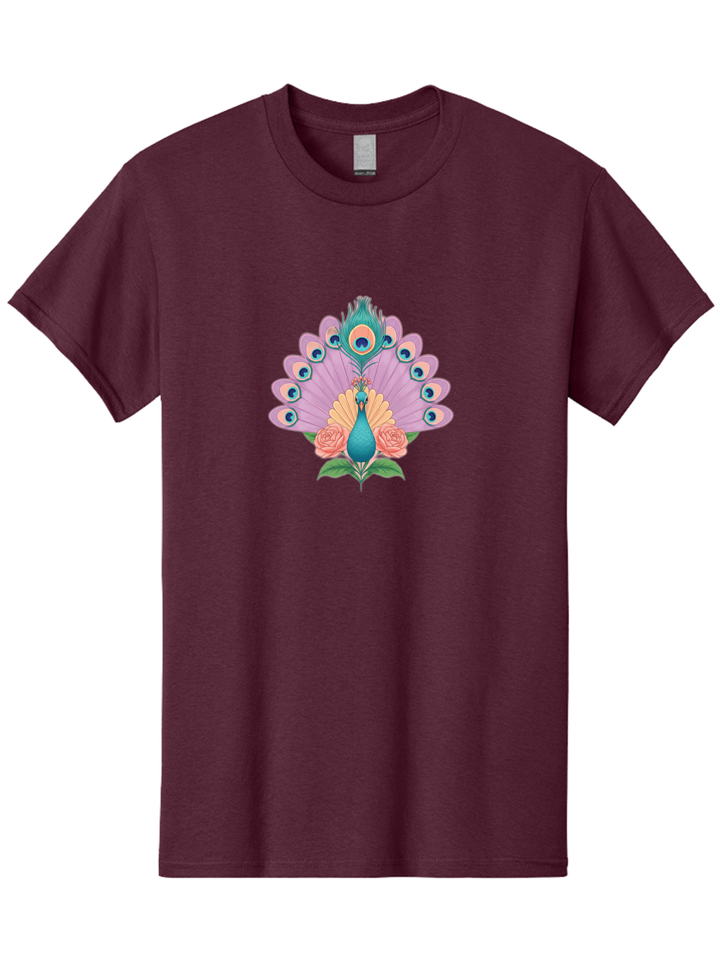 Peacock-With-Roses Men'S Graphic Tee, 100% Cotton, Comfortable Casual Summer Wear, Machine Washable, Peacock With Colorful Feathers, Vibrant Plumage, Blue And Pink Hues, Floral Accents, Pink Roses, Exotic Bird, Artistic Design, Bab136