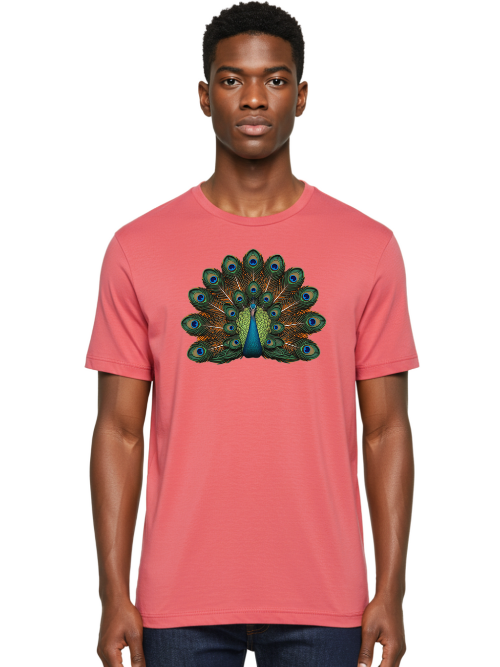 Peacock-With-Tail-Feathers-Spread Men'S Graphic Tee, 100% Cotton, Comfortable Casual Summer Wear, Machine Washable, Peacock, Vibrant Feathers, Blue Eyespots, Green And Gold Plumage, Majestic Bird, Exotic Beauty, Colorful Display, Ornate Tail Bab137