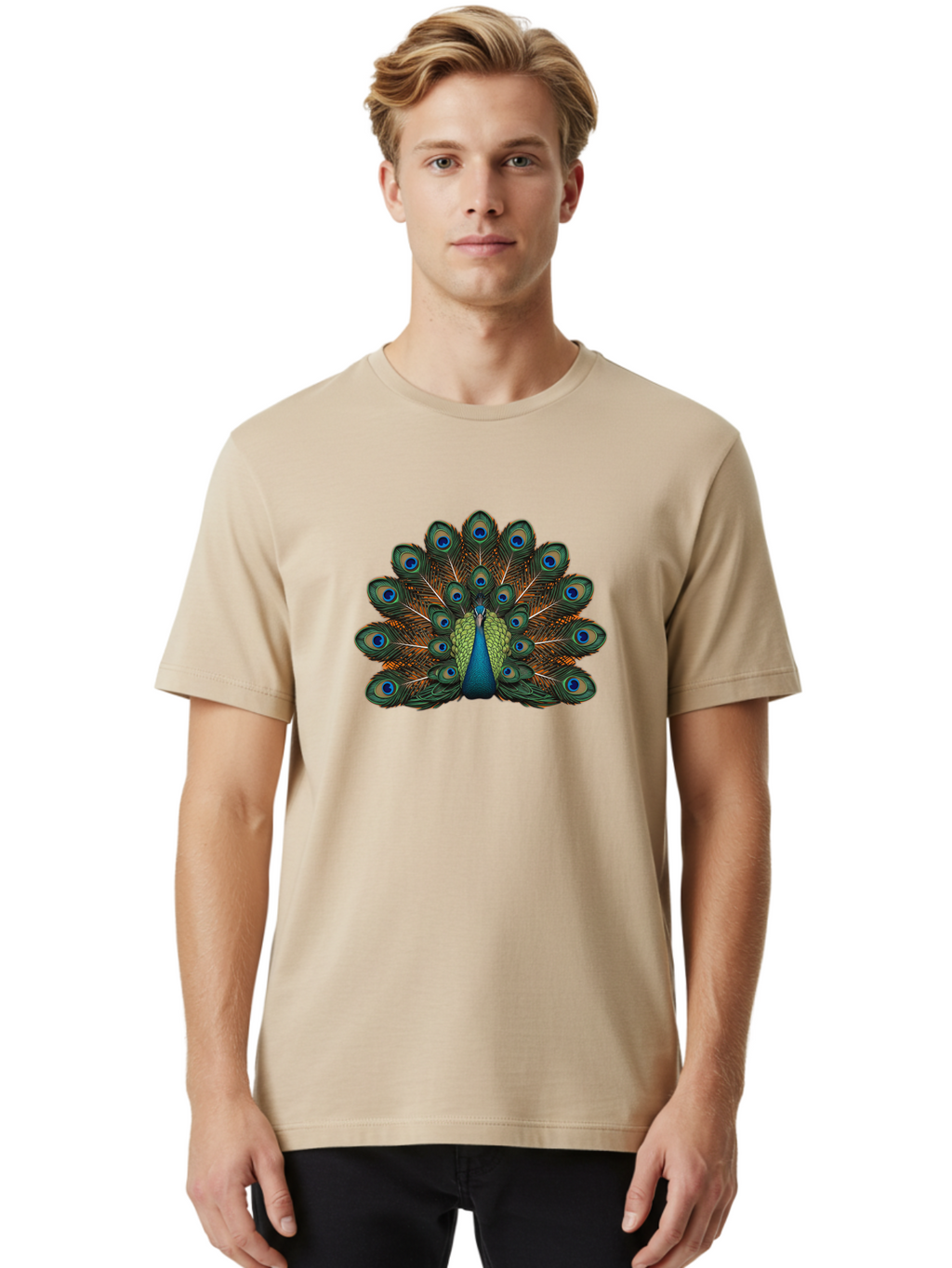 Peacock-With-Tail-Feathers-Spread Men'S Graphic Tee, 100% Cotton, Comfortable Casual Summer Wear, Machine Washable, Peacock, Vibrant Feathers, Blue Eyespots, Green And Gold Plumage, Majestic Bird, Exotic Beauty, Colorful Display, Ornate Tail Bab137