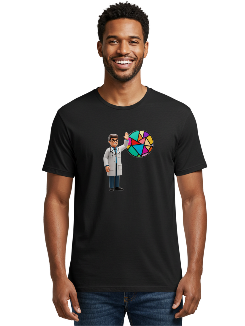 Pie-Chart-Doctor Men'S Graphic Tee, 100% Cotton, Comfortable Casual Summer Wear, Machine Washable, Male Doctor Waving Hand, Pie Chart Illustration, Colorful Graph, Data Analysis, Medical Professional, Healthcare Statistics, Colorful Chart, Bab139