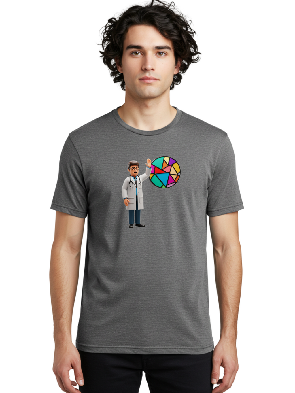 Pie-Chart-Doctor Men'S Graphic Tee, 100% Cotton, Comfortable Casual Summer Wear, Machine Washable, Male Doctor Waving Hand, Pie Chart Illustration, Colorful Graph, Data Analysis, Medical Professional, Healthcare Statistics, Colorful Chart, Bab139