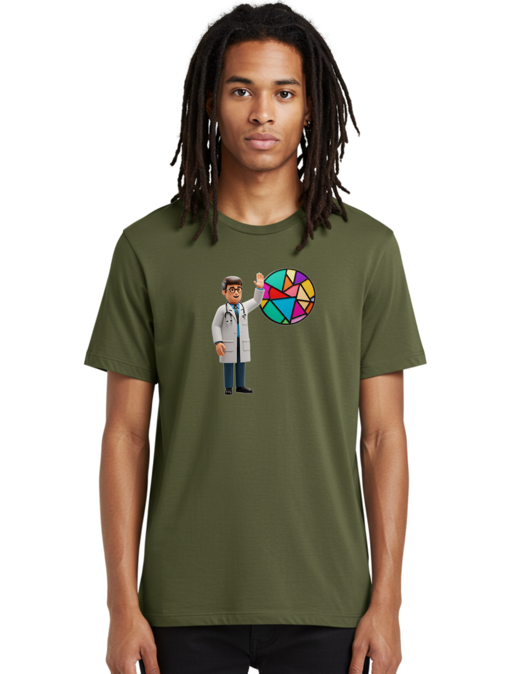 Pie-Chart-Doctor Men'S Graphic Tee, 100% Cotton, Comfortable Casual Summer Wear, Machine Washable, Male Doctor Waving Hand, Pie Chart Illustration, Colorful Graph, Data Analysis, Medical Professional, Healthcare Statistics, Colorful Chart, Bab139