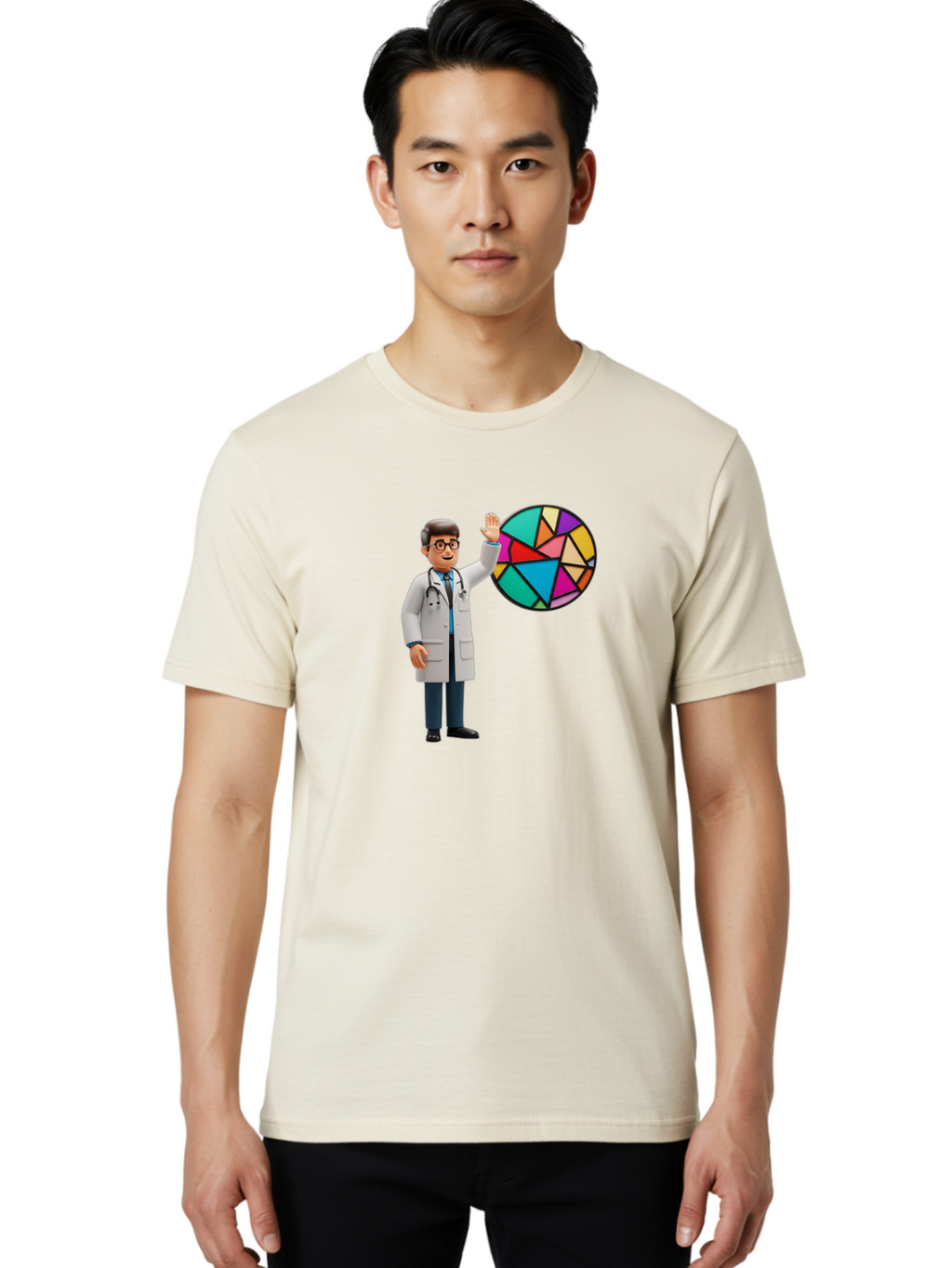 Pie-Chart-Doctor Men'S Graphic Tee, 100% Cotton, Comfortable Casual Summer Wear, Machine Washable, Male Doctor Waving Hand, Pie Chart Illustration, Colorful Graph, Data Analysis, Medical Professional, Healthcare Statistics, Colorful Chart, Bab139
