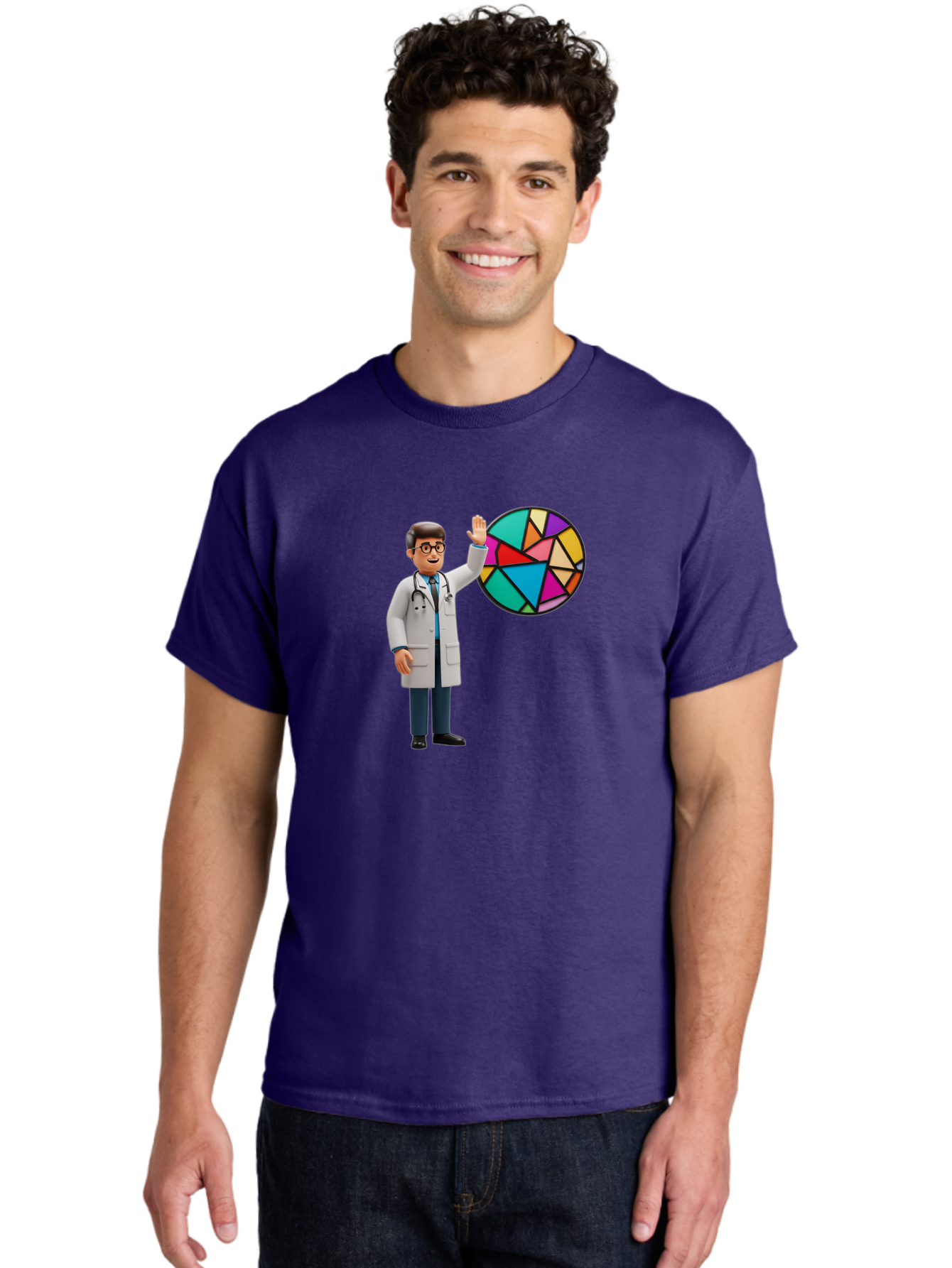 Pie-Chart-Doctor Men'S Graphic Tee, 100% Cotton, Comfortable Casual Summer Wear, Machine Washable, Male Doctor Waving Hand, Pie Chart Illustration, Colorful Graph, Data Analysis, Medical Professional, Healthcare Statistics, Colorful Chart, Bab139