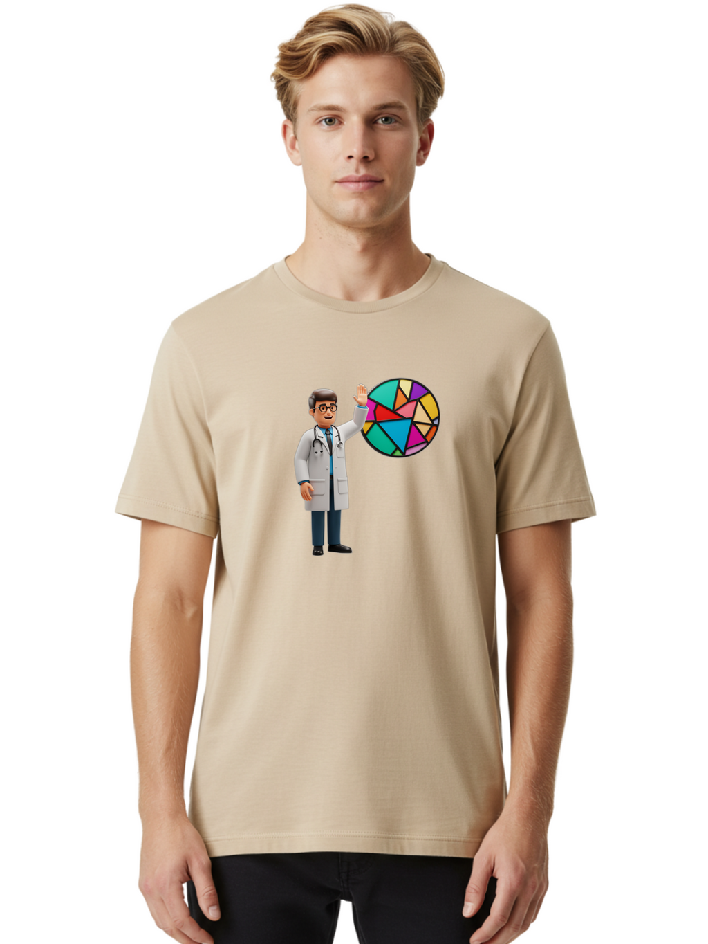 Pie-Chart-Doctor Men'S Graphic Tee, 100% Cotton, Comfortable Casual Summer Wear, Machine Washable, Male Doctor Waving Hand, Pie Chart Illustration, Colorful Graph, Data Analysis, Medical Professional, Healthcare Statistics, Colorful Chart, Bab139