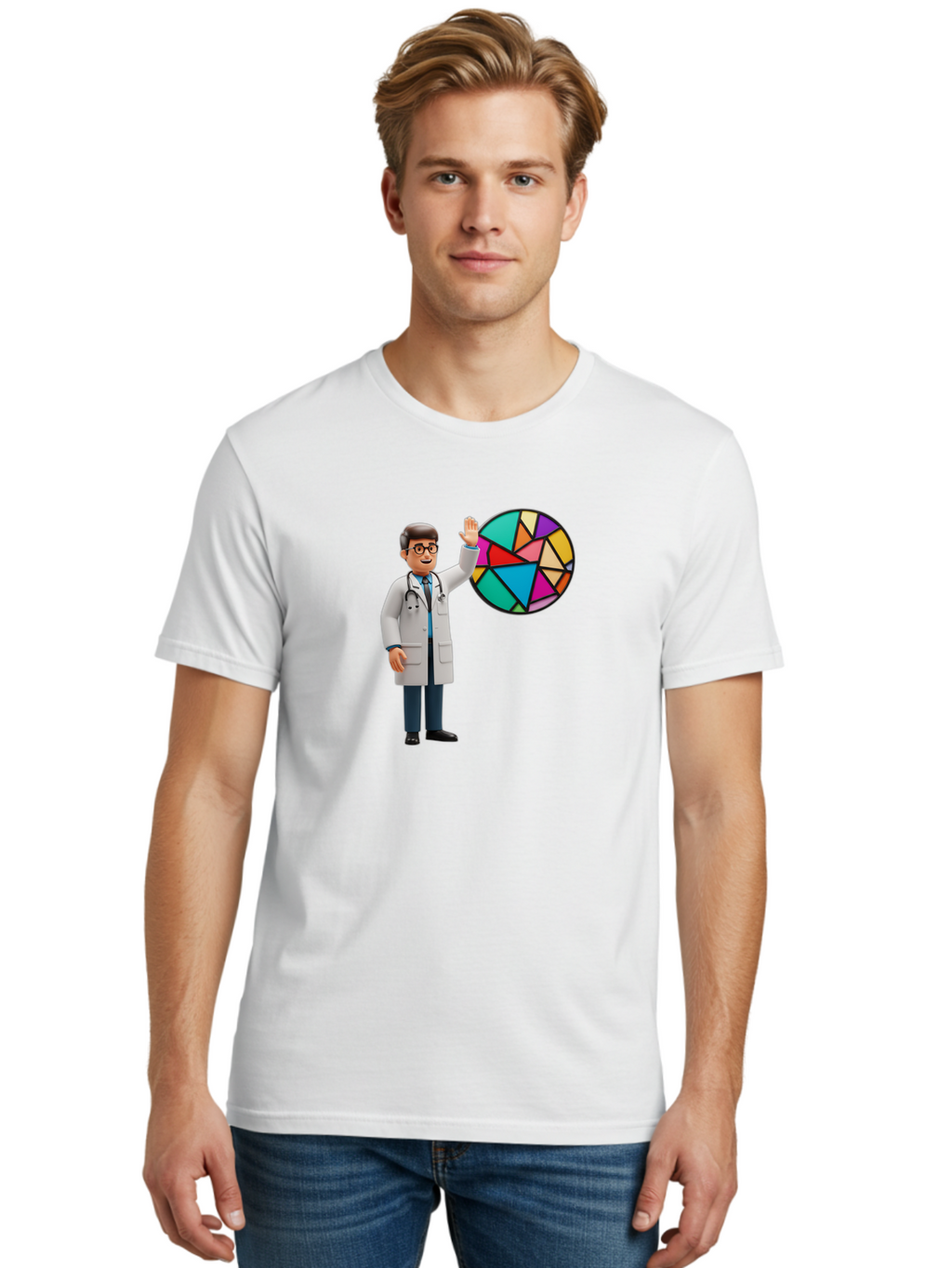 Pie-Chart-Doctor Men'S Graphic Tee, 100% Cotton, Comfortable Casual Summer Wear, Machine Washable, Male Doctor Waving Hand, Pie Chart Illustration, Colorful Graph, Data Analysis, Medical Professional, Healthcare Statistics, Colorful Chart, Bab139