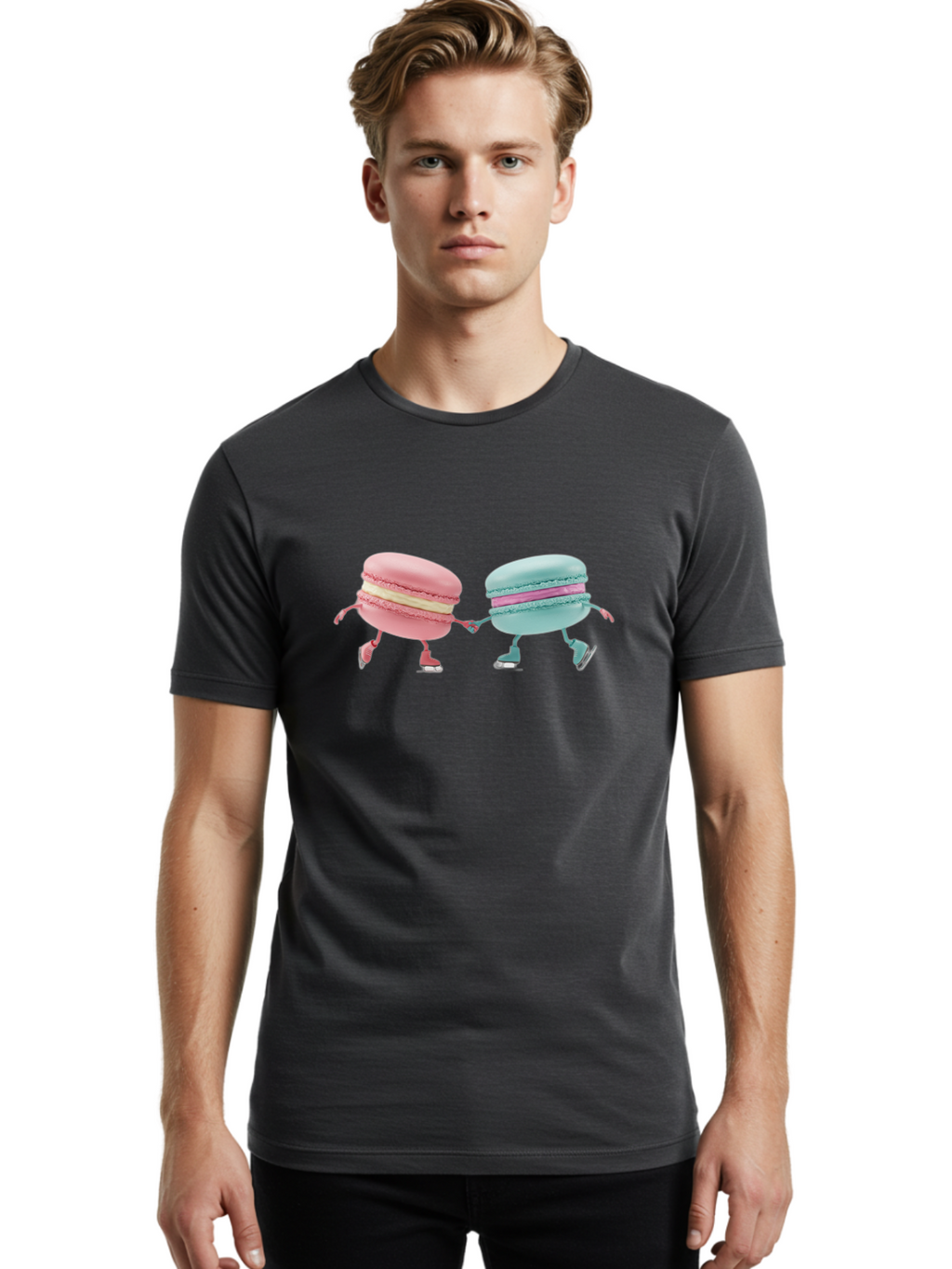 Pink-And-Blue-Macarons Men'S Graphic Tee, 100% Cotton, Comfortable Casual Summer Wear, Machine Washable, Cartoon Macarons, Pastel Colors, Dancing Macarons, Colorful Desserts, Sweet Treats, Whimsical Illustration, French Patisserie, Bab142