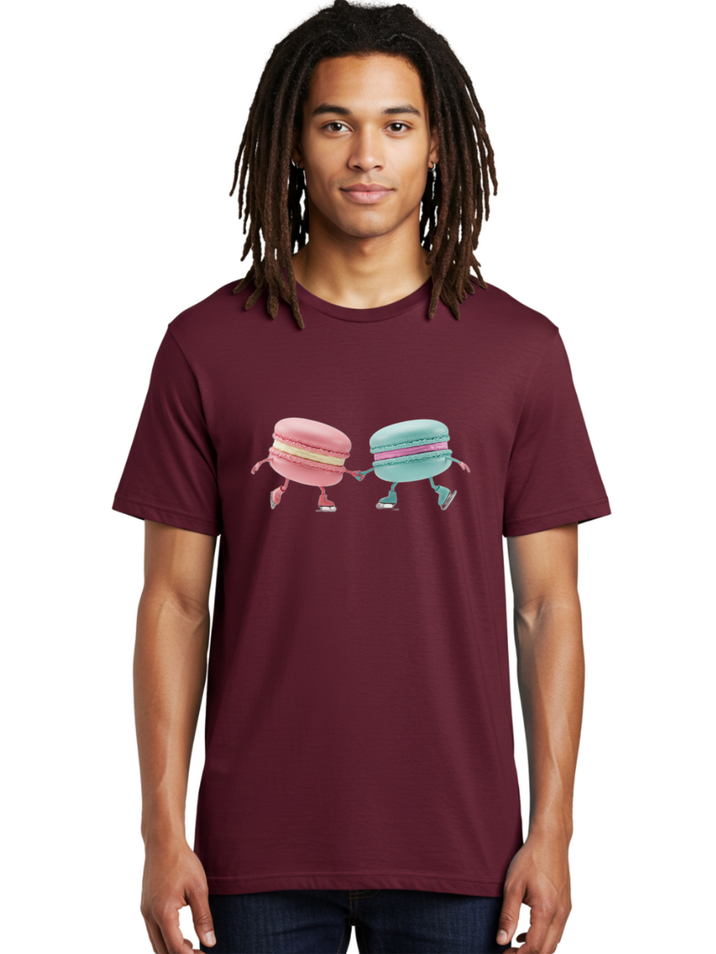 Pink-And-Blue-Macarons Men'S Graphic Tee, 100% Cotton, Comfortable Casual Summer Wear, Machine Washable, Cartoon Macarons, Pastel Colors, Dancing Macarons, Colorful Desserts, Sweet Treats, Whimsical Illustration, French Patisserie, Bab142
