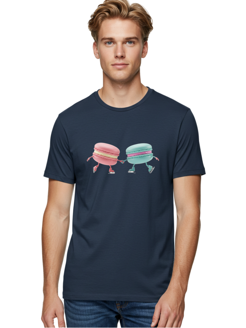 Pink-And-Blue-Macarons Men'S Graphic Tee, 100% Cotton, Comfortable Casual Summer Wear, Machine Washable, Cartoon Macarons, Pastel Colors, Dancing Macarons, Colorful Desserts, Sweet Treats, Whimsical Illustration, French Patisserie, Bab142