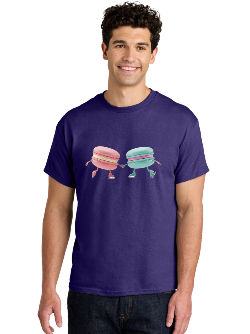 Pink-And-Blue-Macarons Men'S Graphic Tee, 100% Cotton, Comfortable Casual Summer Wear, Machine Washable, Cartoon Macarons, Pastel Colors, Dancing Macarons, Colorful Desserts, Sweet Treats, Whimsical Illustration, French Patisserie, Bab142