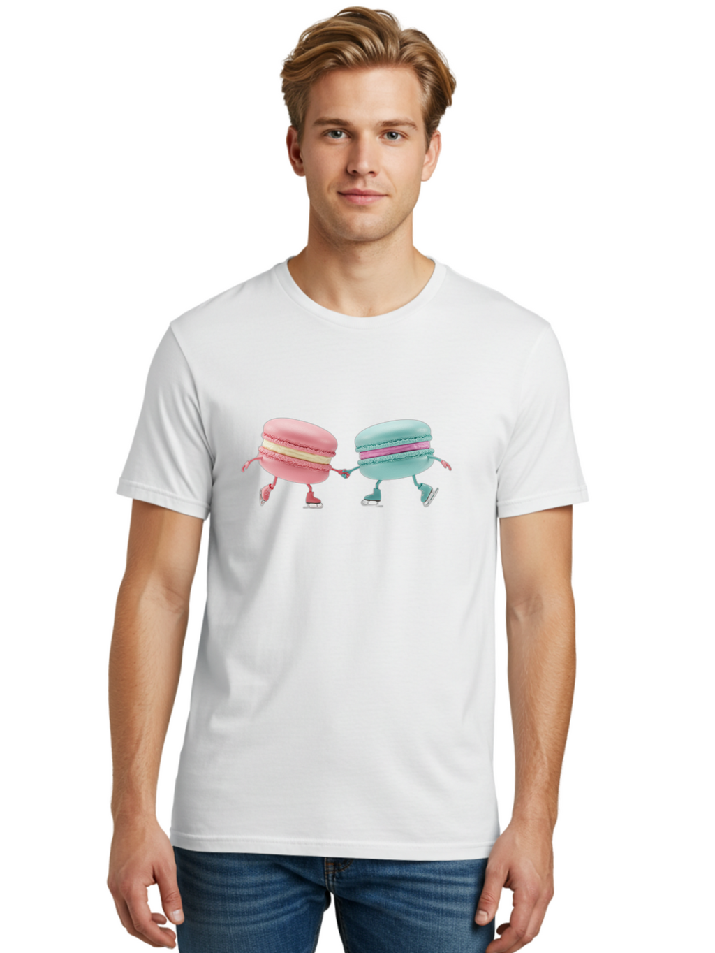Pink-And-Blue-Macarons Men'S Graphic Tee, 100% Cotton, Comfortable Casual Summer Wear, Machine Washable, Cartoon Macarons, Pastel Colors, Dancing Macarons, Colorful Desserts, Sweet Treats, Whimsical Illustration, French Patisserie, Bab142