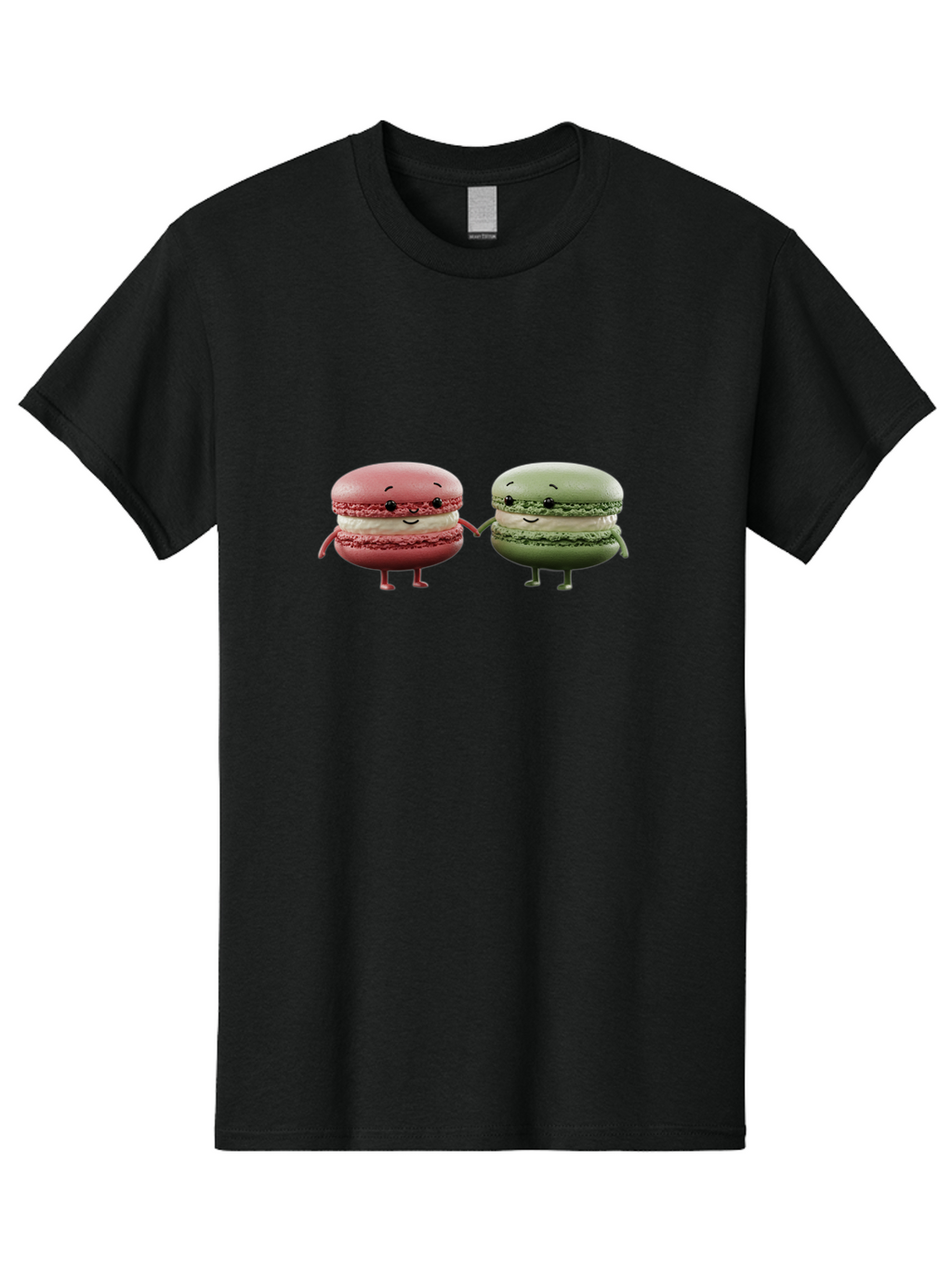 Pink-And-Green-Macarons Men'S Graphic Tee, 100% Cotton, Comfortable Casual Summer Wear, Machine Washable, Cute Macarons, Anthropomorphic Desserts, Smiling Faces, Holding Hands, Pink And Green Macarons, Adorable Characters, Funny Illustrations, Bab143