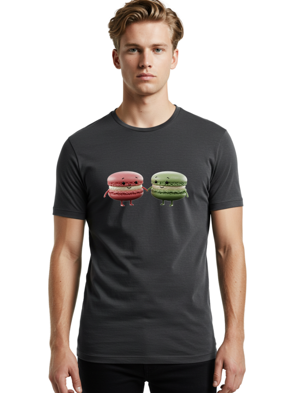 Pink-And-Green-Macarons Men'S Graphic Tee, 100% Cotton, Comfortable Casual Summer Wear, Machine Washable, Cute Macarons, Anthropomorphic Desserts, Smiling Faces, Holding Hands, Pink And Green Macarons, Adorable Characters, Funny Illustrations, Bab143