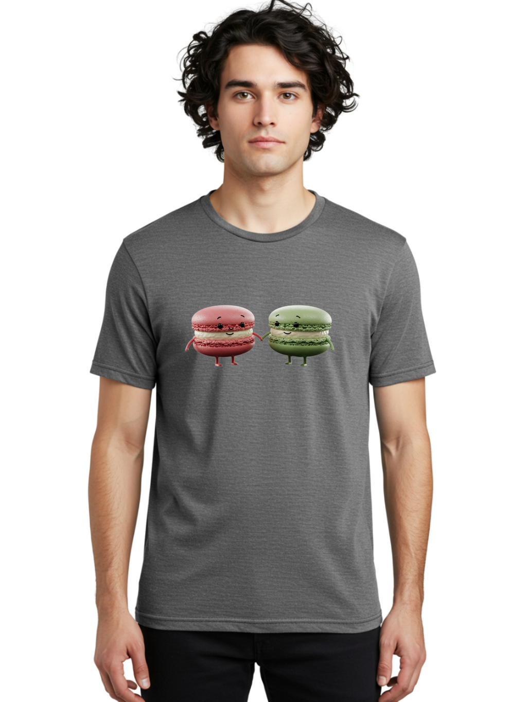 Pink-And-Green-Macarons Men'S Graphic Tee, 100% Cotton, Comfortable Casual Summer Wear, Machine Washable, Cute Macarons, Anthropomorphic Desserts, Smiling Faces, Holding Hands, Pink And Green Macarons, Adorable Characters, Funny Illustrations, Bab143