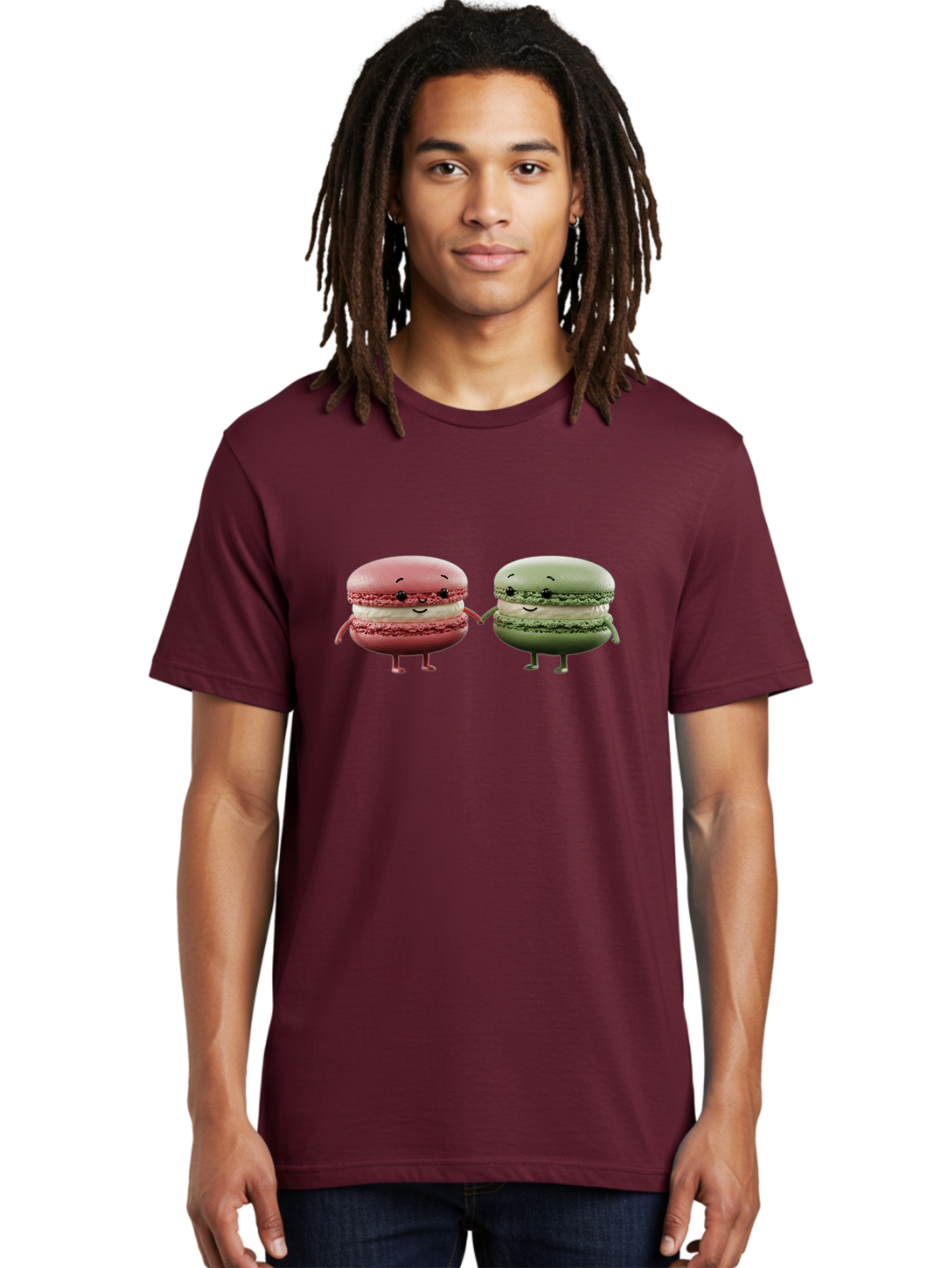Pink-And-Green-Macarons Men'S Graphic Tee, 100% Cotton, Comfortable Casual Summer Wear, Machine Washable, Cute Macarons, Anthropomorphic Desserts, Smiling Faces, Holding Hands, Pink And Green Macarons, Adorable Characters, Funny Illustrations, Bab143