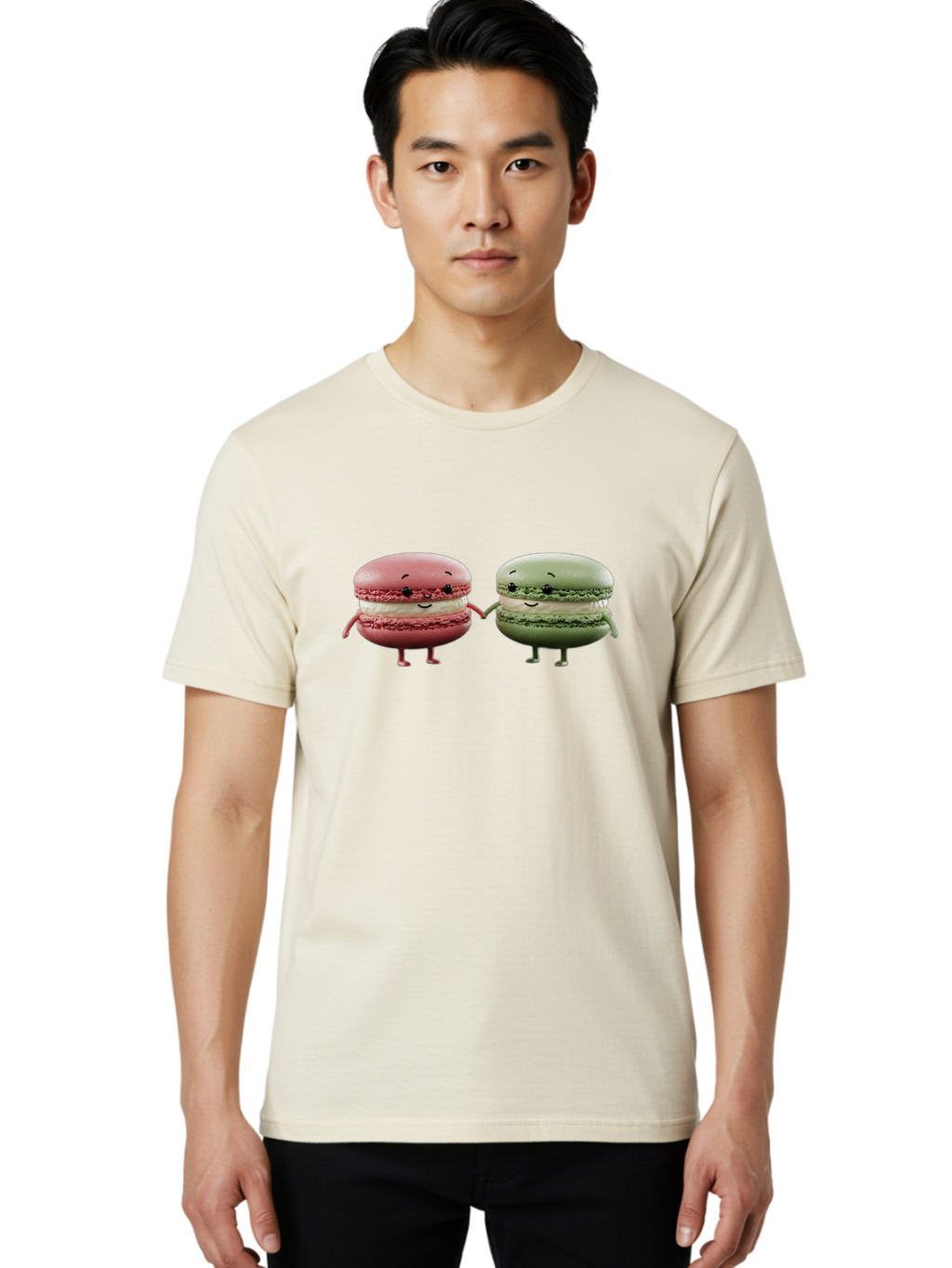 Pink-And-Green-Macarons Men'S Graphic Tee, 100% Cotton, Comfortable Casual Summer Wear, Machine Washable, Cute Macarons, Anthropomorphic Desserts, Smiling Faces, Holding Hands, Pink And Green Macarons, Adorable Characters, Funny Illustrations, Bab143