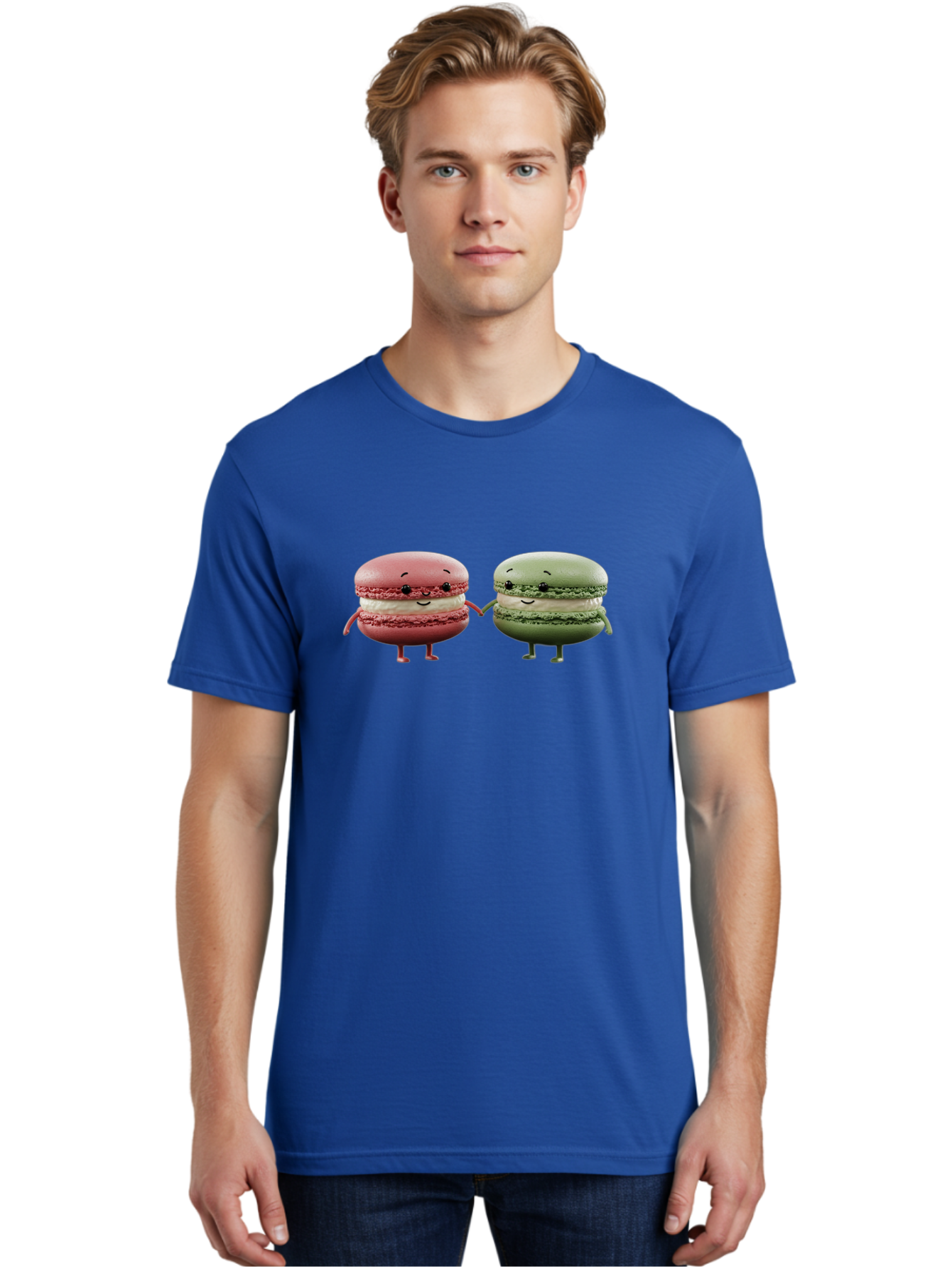 Pink-And-Green-Macarons Men'S Graphic Tee, 100% Cotton, Comfortable Casual Summer Wear, Machine Washable, Cute Macarons, Anthropomorphic Desserts, Smiling Faces, Holding Hands, Pink And Green Macarons, Adorable Characters, Funny Illustrations, Bab143