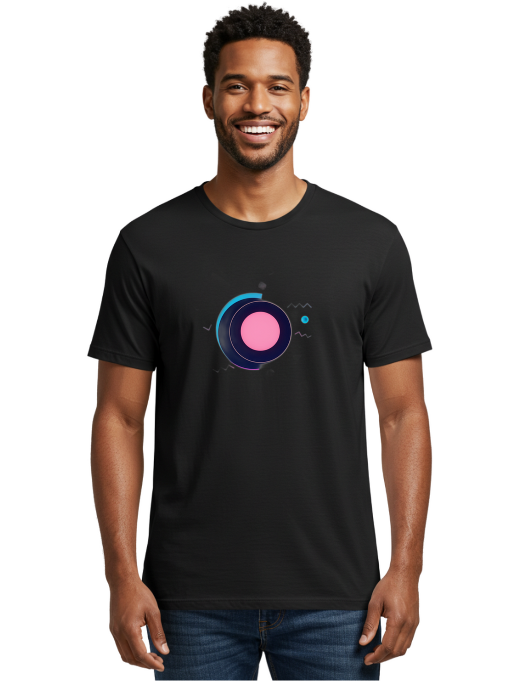 Pink-Circle Men'S Graphic Tee, 100% Cotton, Comfortable Casual Summer Wear, Machine Washable, Abstract Geometric Shapes, Layered Circle Design, Pink Center, Black And Blue Accents, Modern Art, Memphis Style, Minimalist Composition, Bab144