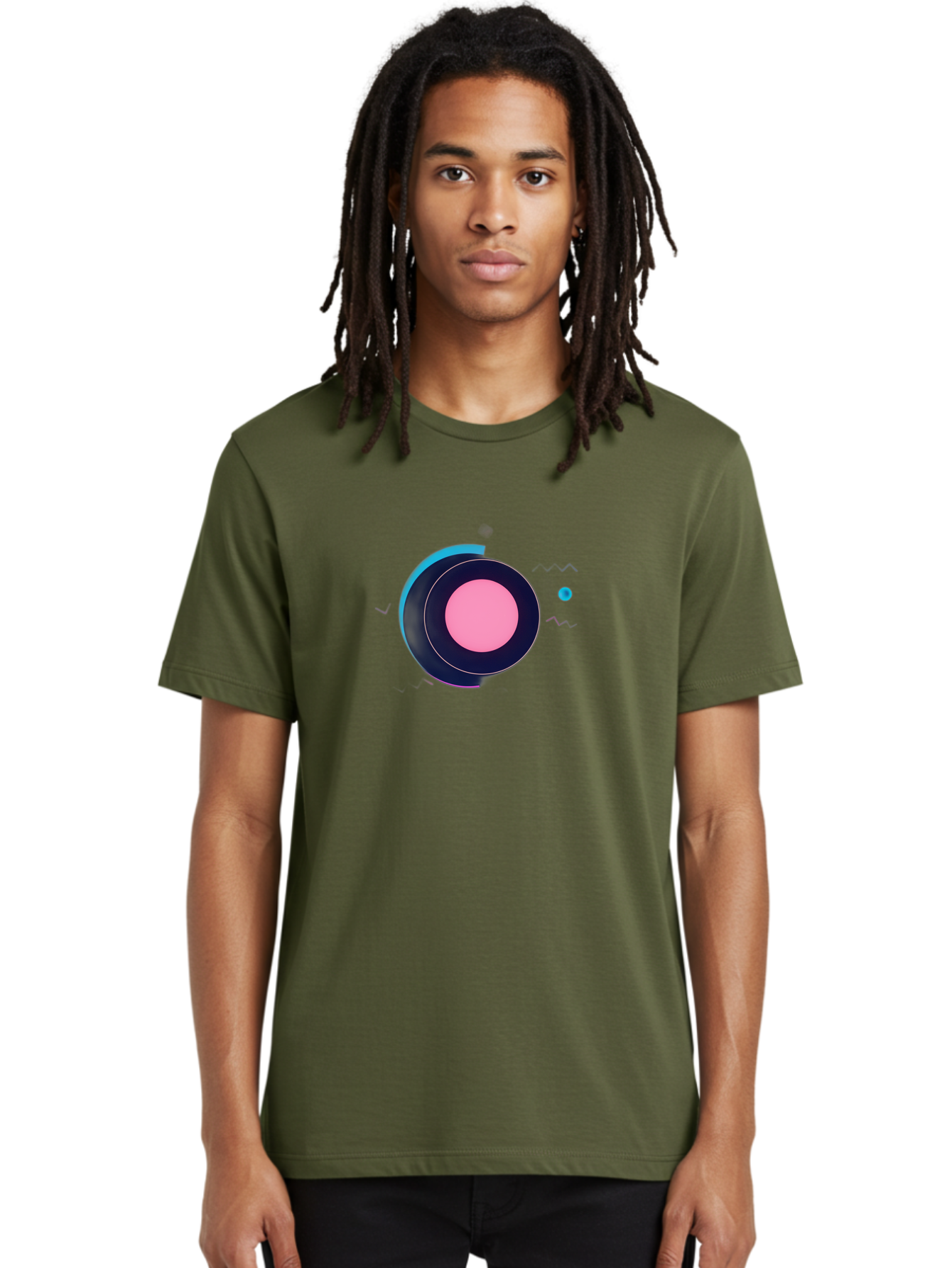 Pink-Circle Men'S Graphic Tee, 100% Cotton, Comfortable Casual Summer Wear, Machine Washable, Abstract Geometric Shapes, Layered Circle Design, Pink Center, Black And Blue Accents, Modern Art, Memphis Style, Minimalist Composition, Bab144