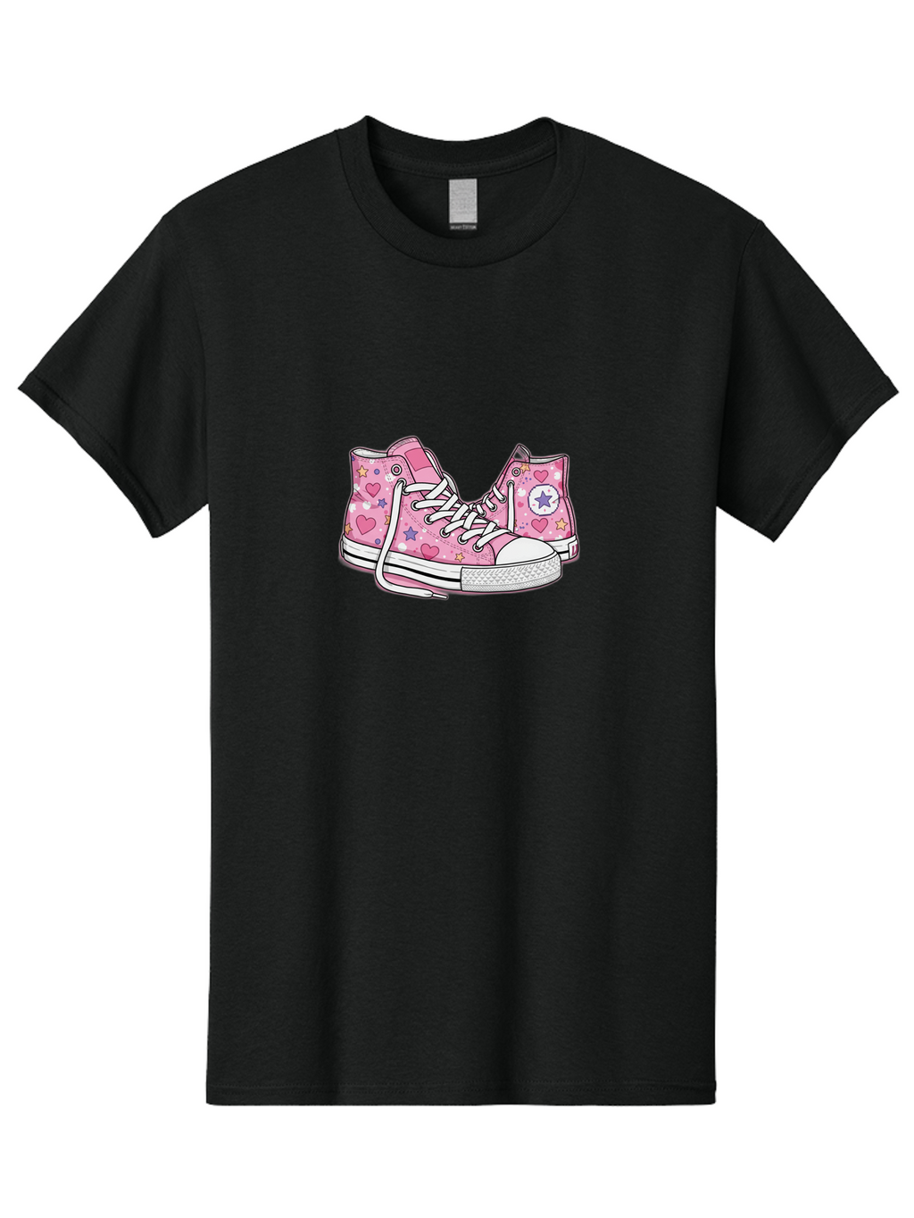 Pink-Converse Men'S Graphic Tee, 100% Cotton, Comfortable Casual Summer Wear, Machine Washable, Pink Converse Shoes, Hearts And Stars Pattern, Cartoon Sneakers, White Laces, Fashion Illustration, Custom Converse, Star Logo Bab146