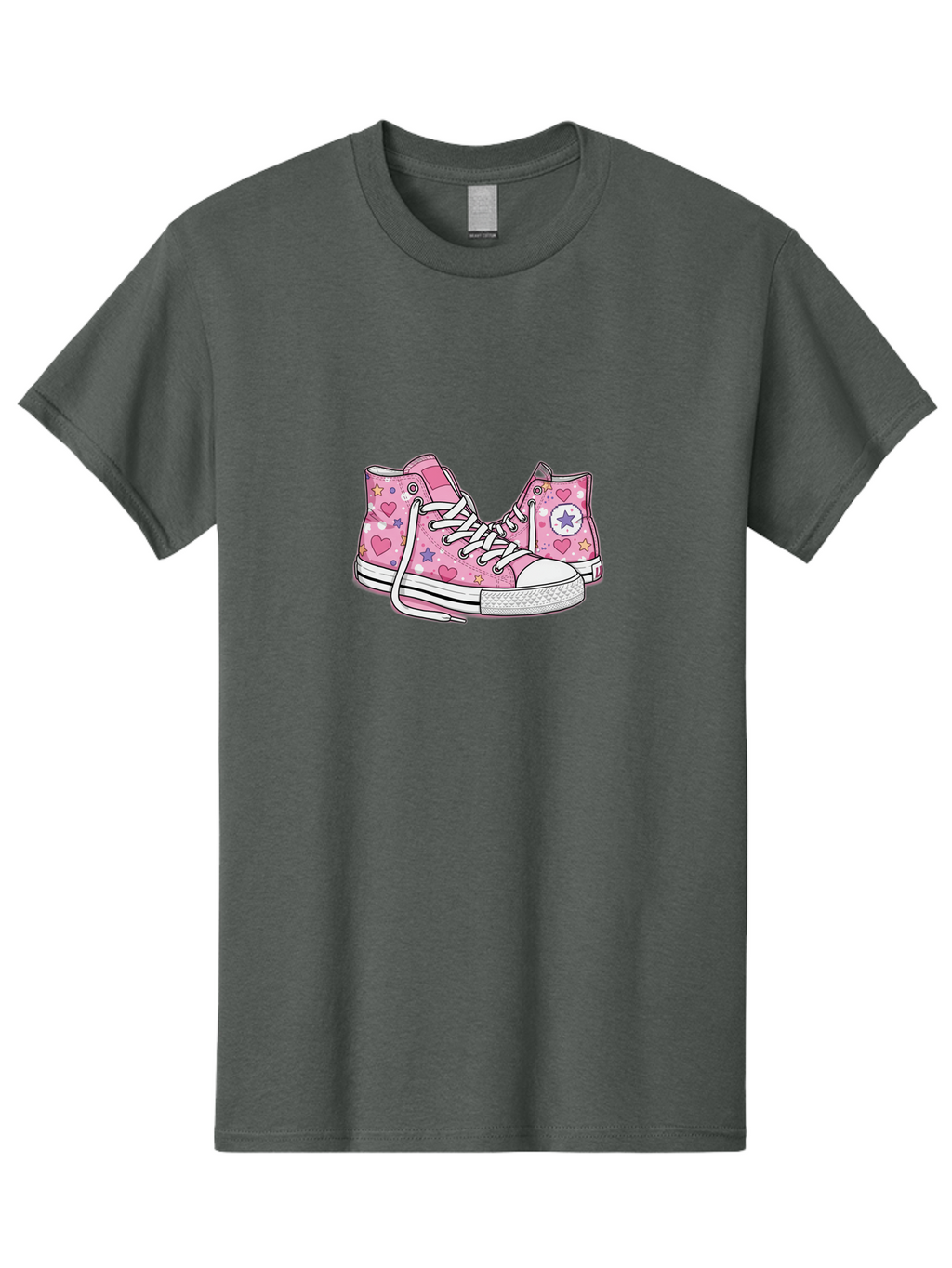 Pink-Converse Men'S Graphic Tee, 100% Cotton, Comfortable Casual Summer Wear, Machine Washable, Pink Converse Shoes, Hearts And Stars Pattern, Cartoon Sneakers, White Laces, Fashion Illustration, Custom Converse, Star Logo Bab146