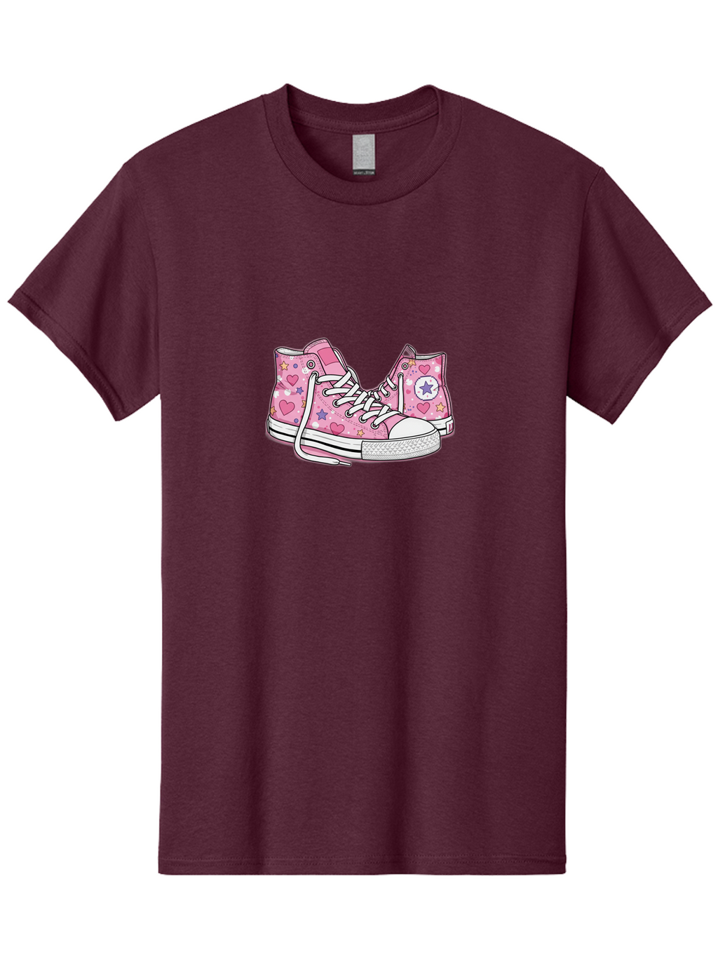 Pink-Converse Men'S Graphic Tee, 100% Cotton, Comfortable Casual Summer Wear, Machine Washable, Pink Converse Shoes, Hearts And Stars Pattern, Cartoon Sneakers, White Laces, Fashion Illustration, Custom Converse, Star Logo Bab146