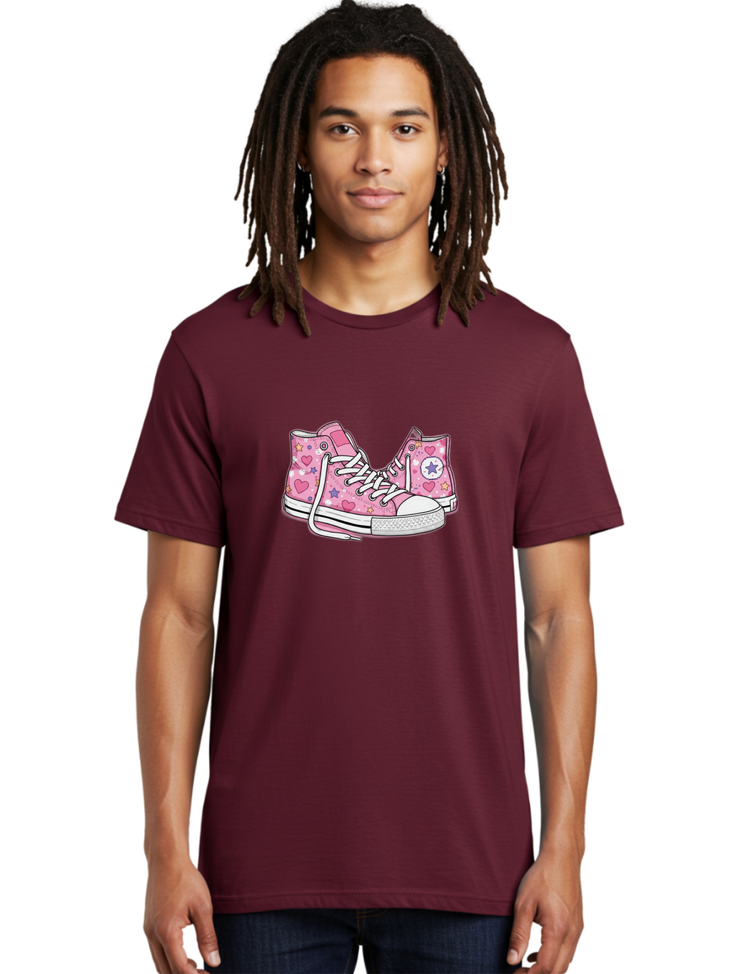 Pink-Converse Men'S Graphic Tee, 100% Cotton, Comfortable Casual Summer Wear, Machine Washable, Pink Converse Shoes, Hearts And Stars Pattern, Cartoon Sneakers, White Laces, Fashion Illustration, Custom Converse, Star Logo Bab146