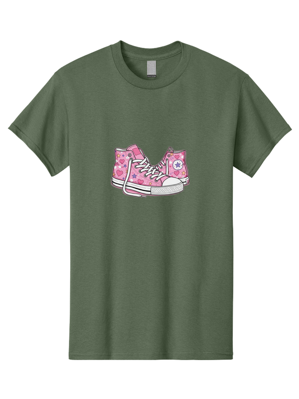 Pink-Converse Men'S Graphic Tee, 100% Cotton, Comfortable Casual Summer Wear, Machine Washable, Pink Converse Shoes, Hearts And Stars Pattern, Cartoon Sneakers, White Laces, Fashion Illustration, Custom Converse, Star Logo Bab146