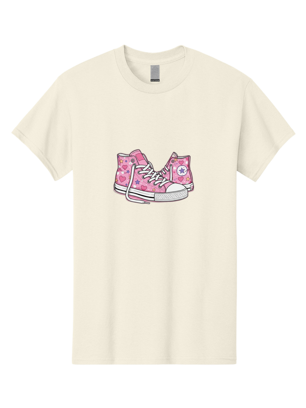 Pink-Converse Men'S Graphic Tee, 100% Cotton, Comfortable Casual Summer Wear, Machine Washable, Pink Converse Shoes, Hearts And Stars Pattern, Cartoon Sneakers, White Laces, Fashion Illustration, Custom Converse, Star Logo Bab146