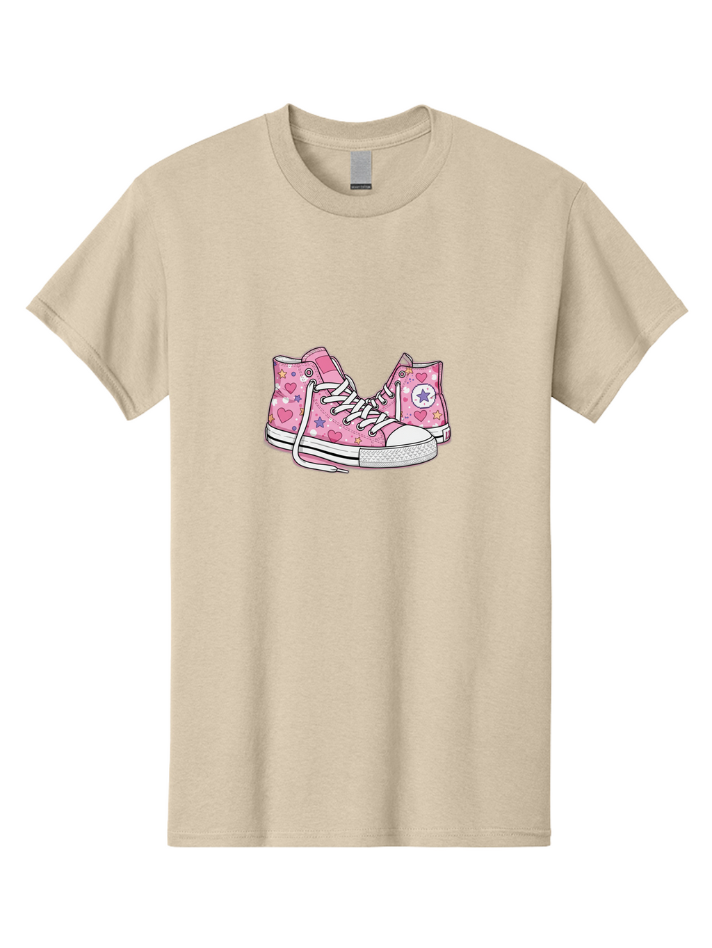 Pink-Converse Men'S Graphic Tee, 100% Cotton, Comfortable Casual Summer Wear, Machine Washable, Pink Converse Shoes, Hearts And Stars Pattern, Cartoon Sneakers, White Laces, Fashion Illustration, Custom Converse, Star Logo Bab146