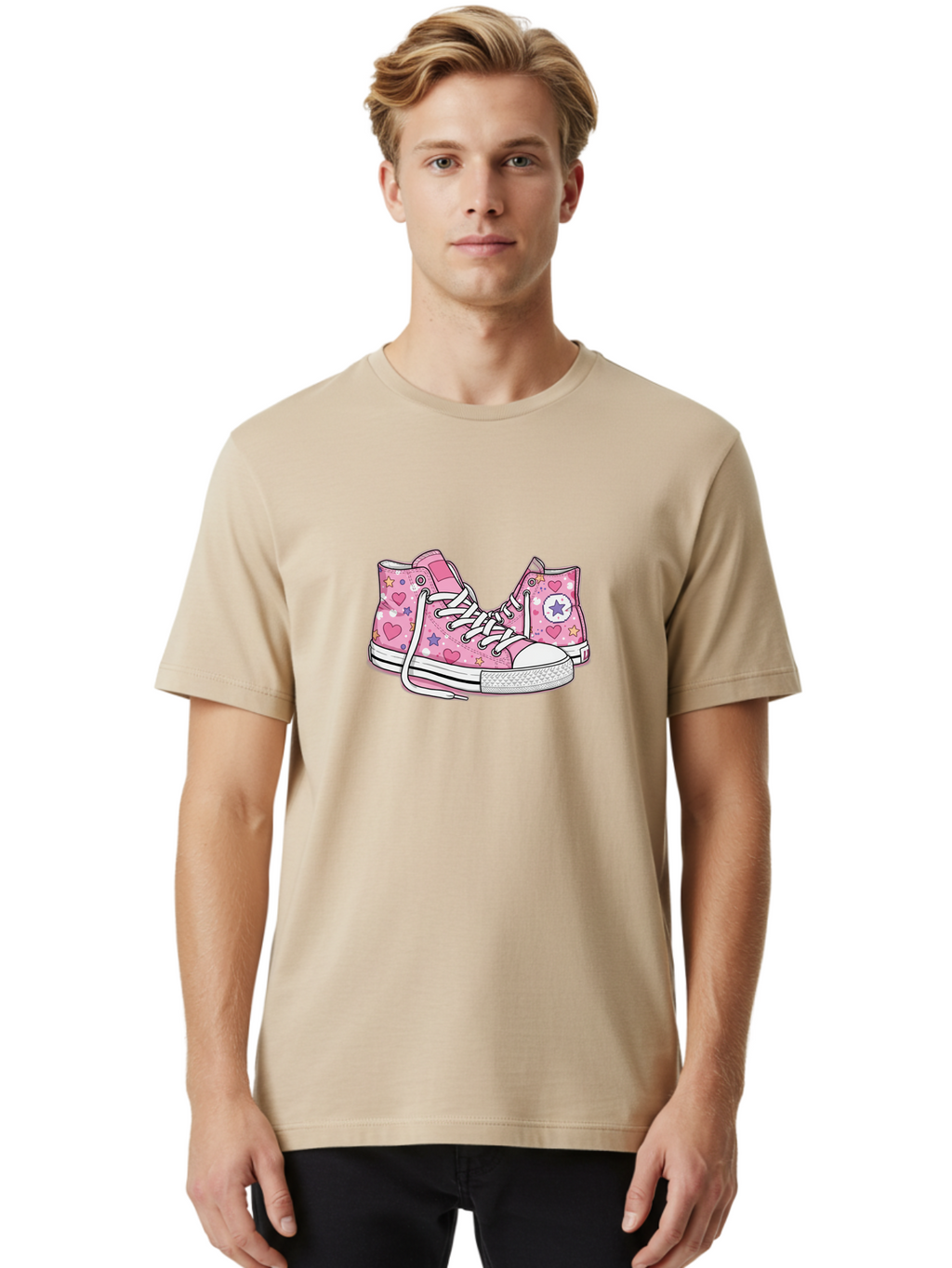 Pink-Converse Men'S Graphic Tee, 100% Cotton, Comfortable Casual Summer Wear, Machine Washable, Pink Converse Shoes, Hearts And Stars Pattern, Cartoon Sneakers, White Laces, Fashion Illustration, Custom Converse, Star Logo Bab146