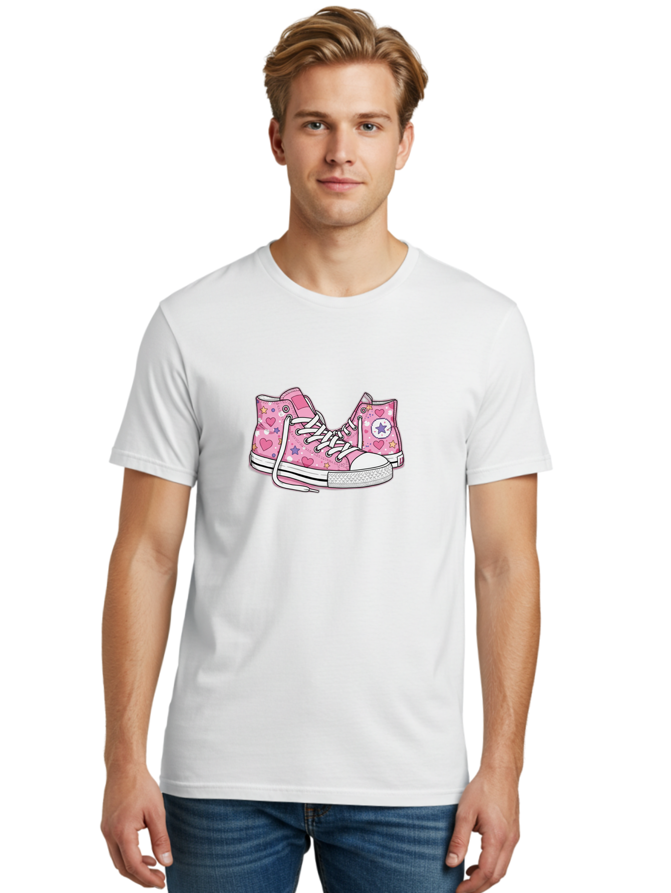 Pink-Converse Men'S Graphic Tee, 100% Cotton, Comfortable Casual Summer Wear, Machine Washable, Pink Converse Shoes, Hearts And Stars Pattern, Cartoon Sneakers, White Laces, Fashion Illustration, Custom Converse, Star Logo Bab146