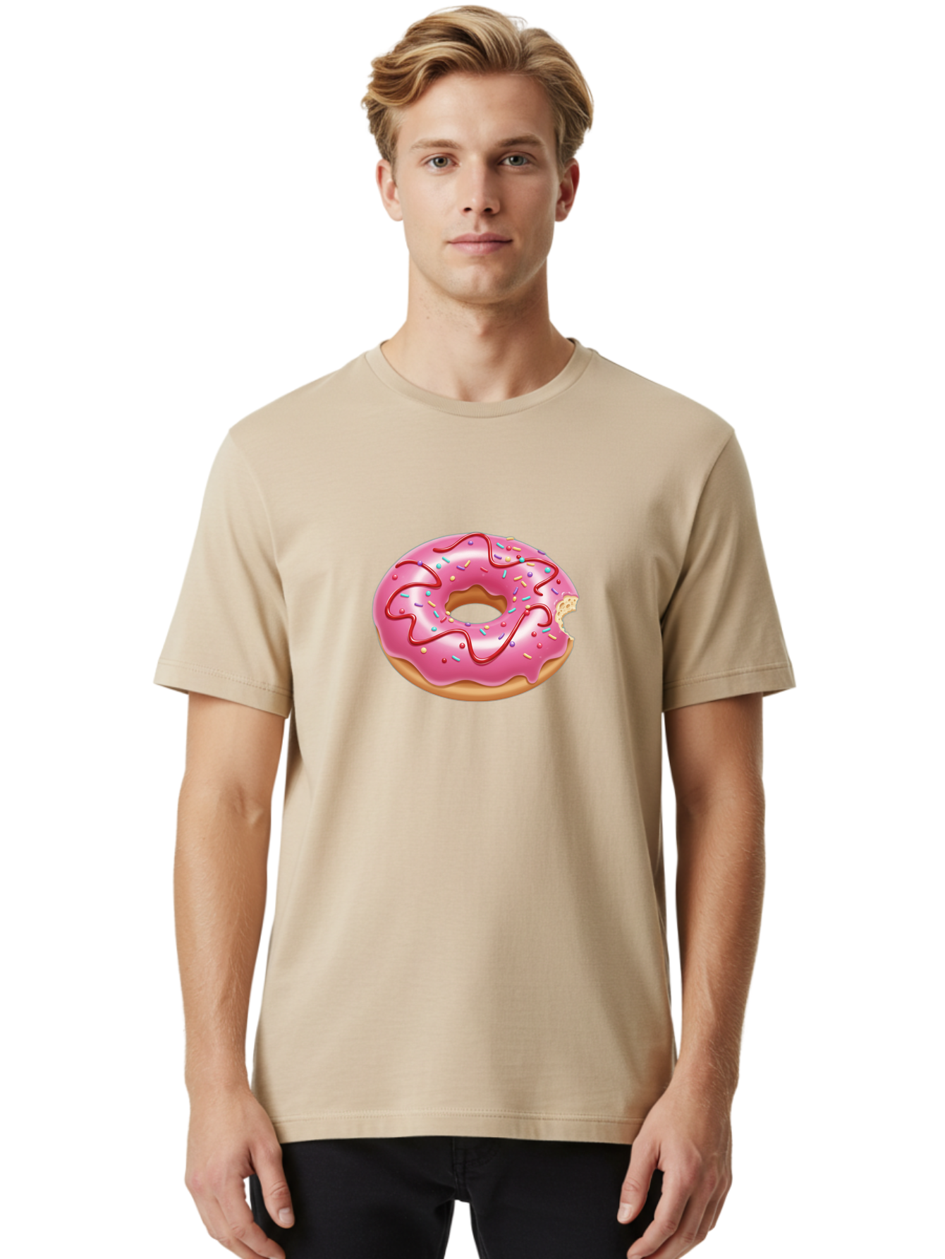 Pink-Donut-1 Men'S Graphic Tee, 100% Cotton, Comfortable Casual Summer Wear, Machine Washable, Pink Frosted Donut, Donut With Sprinkles, Chocolate Drizzle, Sweet Treats, Baked Goods, Colorful Dessert, Tasty Pastry, Indulgent Snack, Bab147