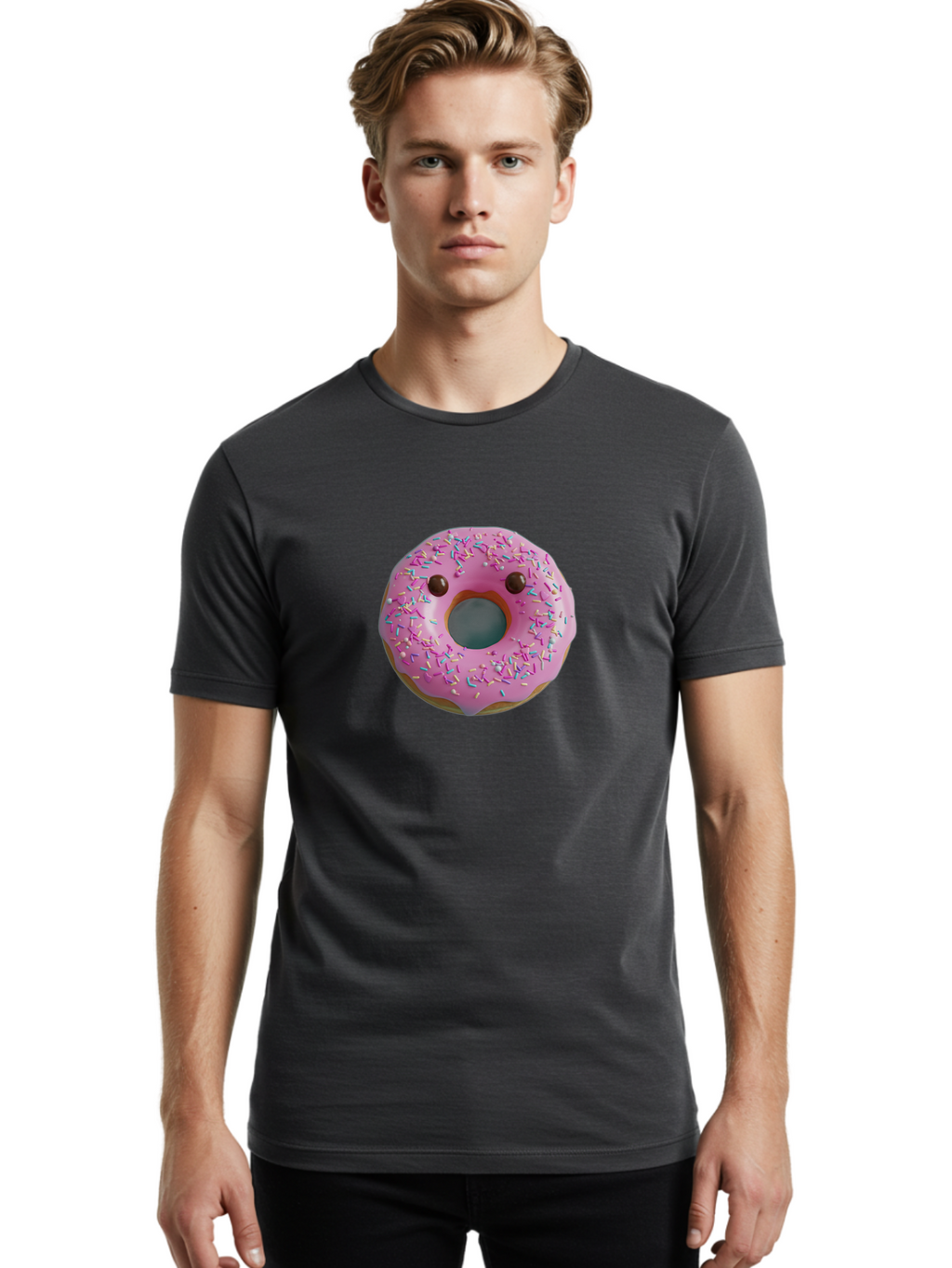 Pink-Donut-10 Men'S Graphic Tee, 100% Cotton, Comfortable Casual Summer Wear, Machine Washable, Pink Frosted Donut, Donut With Sprinkles, Chocolate Chip Eyes, Cute Donut, Sweet Treat, Colorful Dessert, Tasty Pastry, Donut Art, Fun Food, Bab148