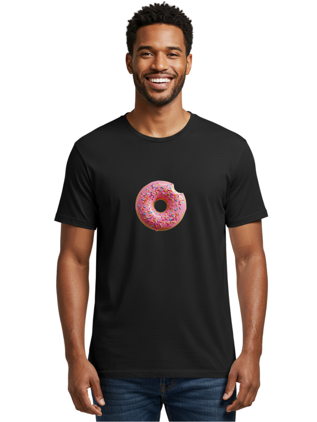 Pink-Donut-2 Men'S Graphic Tee, 100% Cotton, Comfortable Casual Summer Wear, Machine Washable, Pink Frosted Donut, Donut With Sprinkles, Sweet Treats, Colorful Dessert, Bitten Donut, Sprinkles, Tasty Pastry, Sweet Indulgence, Dessert Delight Bab149