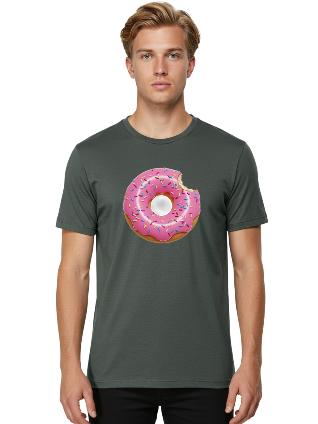 Pink-Donut-4 Men'S Graphic Tee, 100% Cotton, Comfortable Casual Summer Wear, Machine Washable, Pink Donut With Sprinkles, Bitten Donut, Sweet Treats, Colorful Dessert, Tasty Pastry, Glazed Donut, Sprinkles Galore, Donut Delight, Baked Goods Bab151